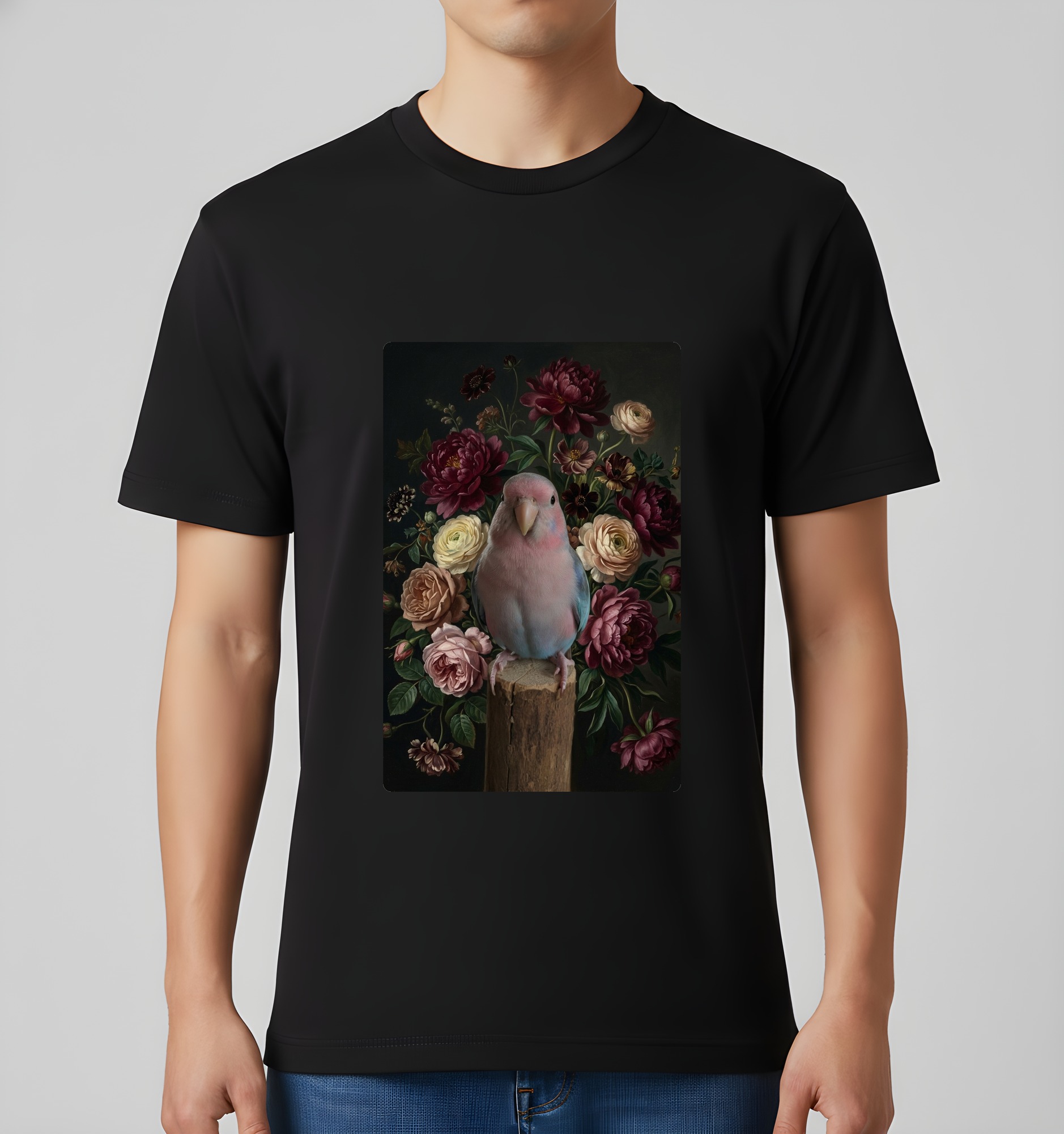 アキクサインコの花の油絵風アート花柄Tシャツ（ブラック）（3枚目）