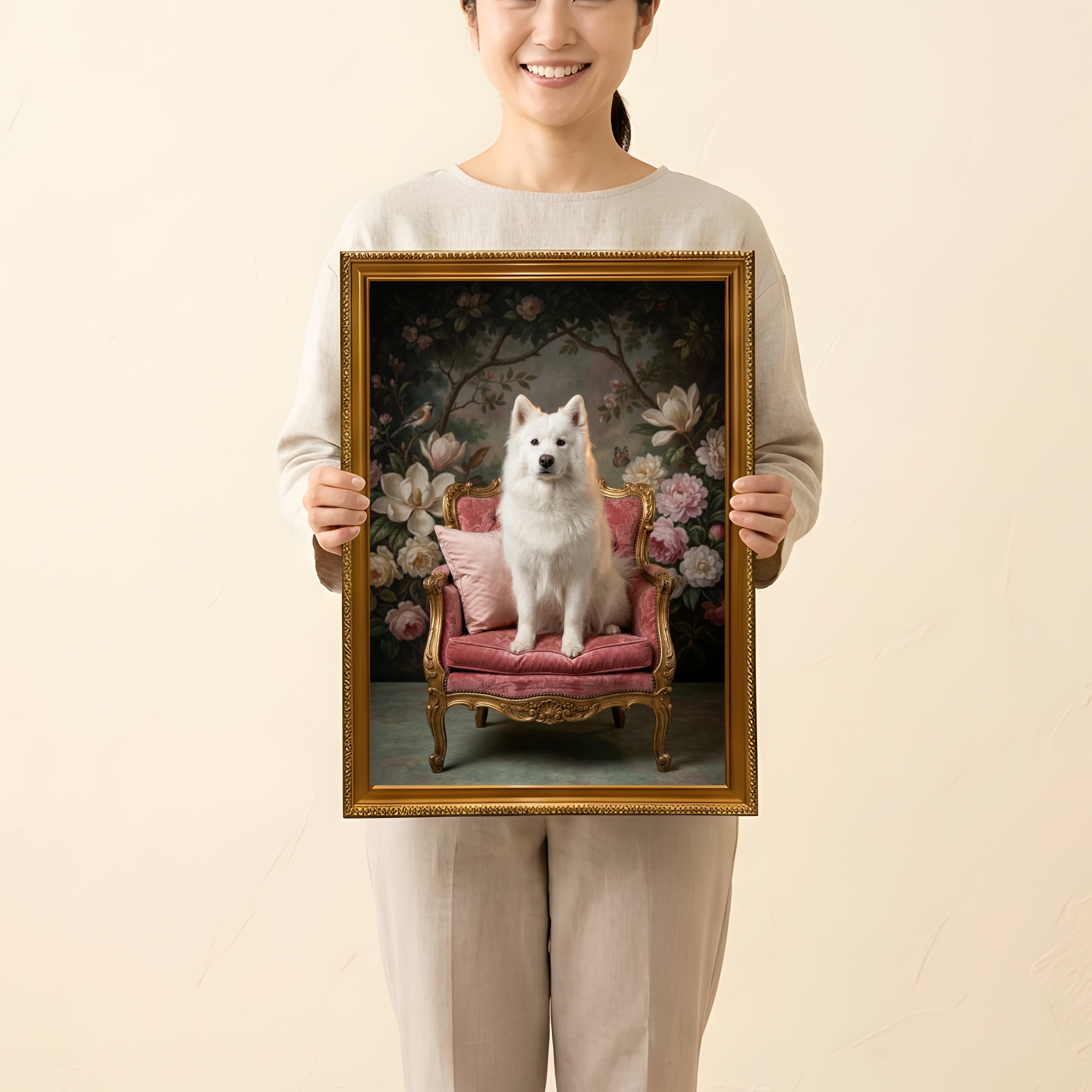サモエドのシャビーピンクの油絵風アートロココ調額装プリント（A3サイズ）（2枚目）