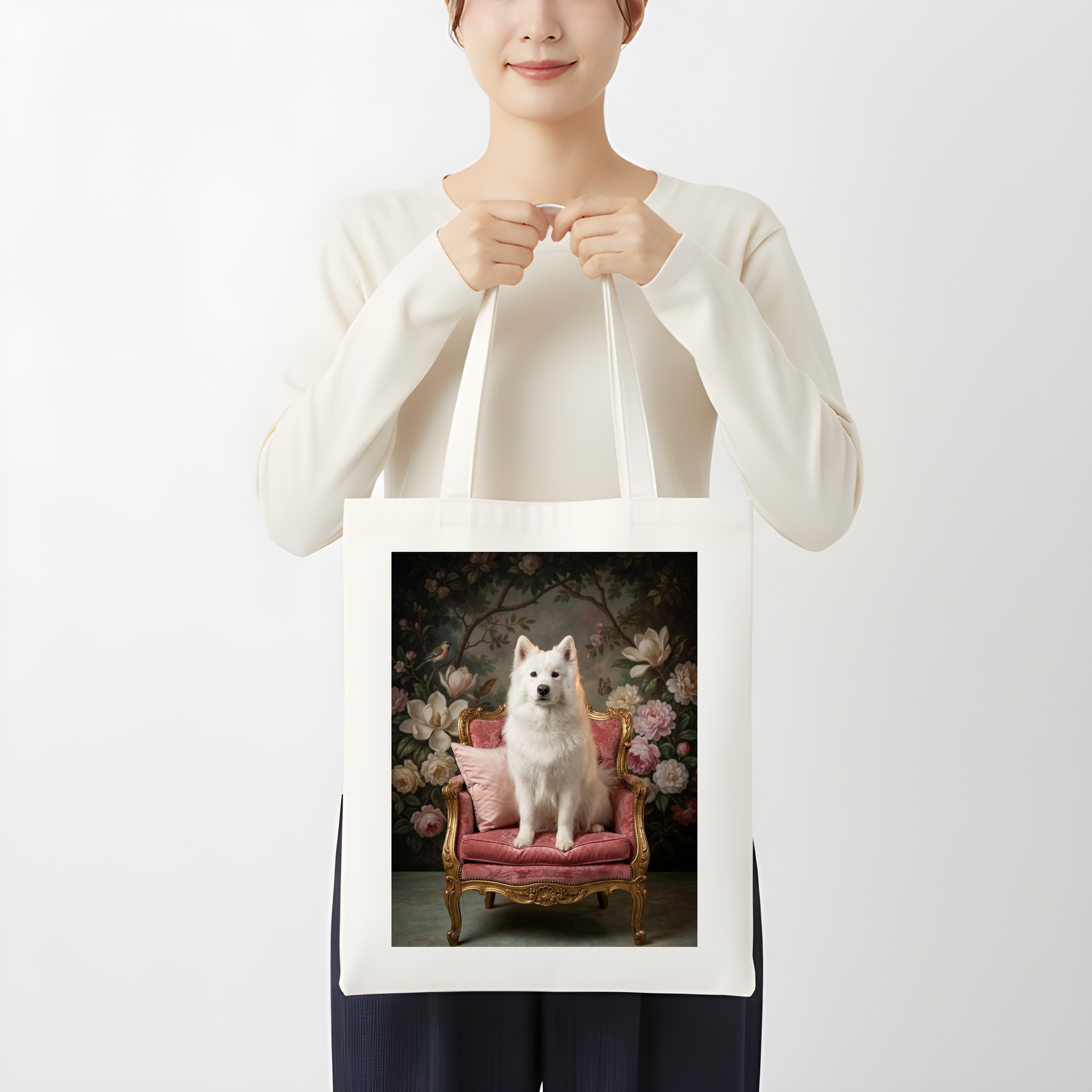 サモエドのシャビーピンクの油絵風アートロココ調トートバッグ(3枚目)