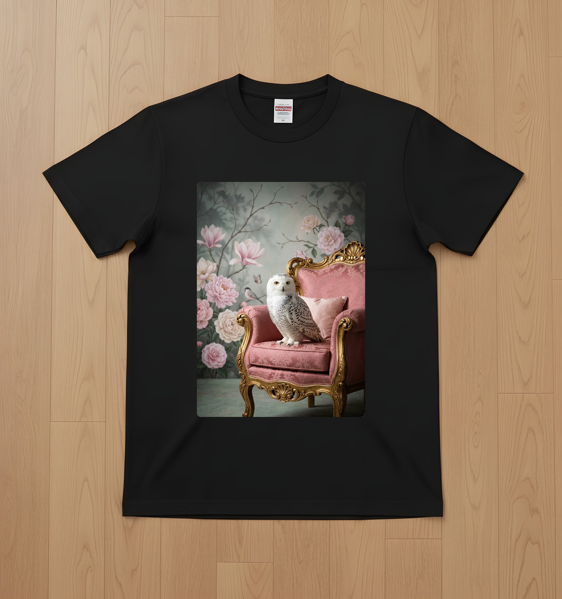 シロフクロウのシャビーピンクの油絵風アートロココ調Tシャツ(ブラック)