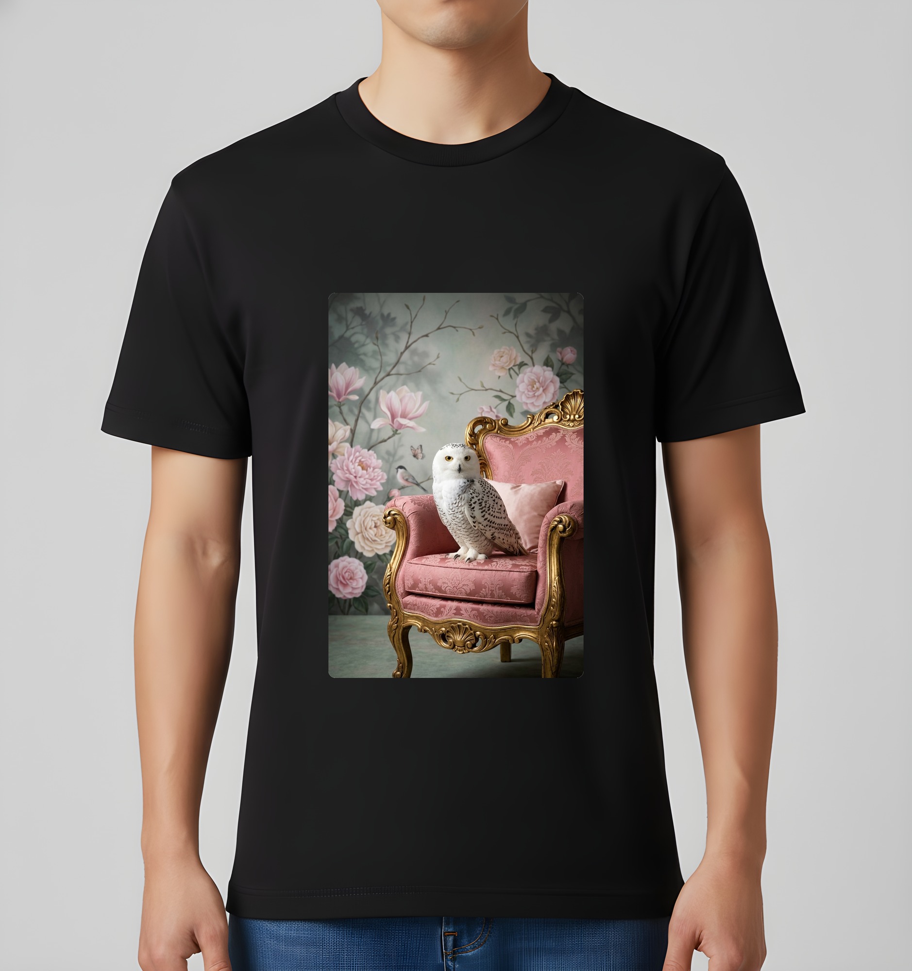 シロフクロウのシャビーピンクの油絵風アートロココ調Tシャツ(ブラック)(3枚目)