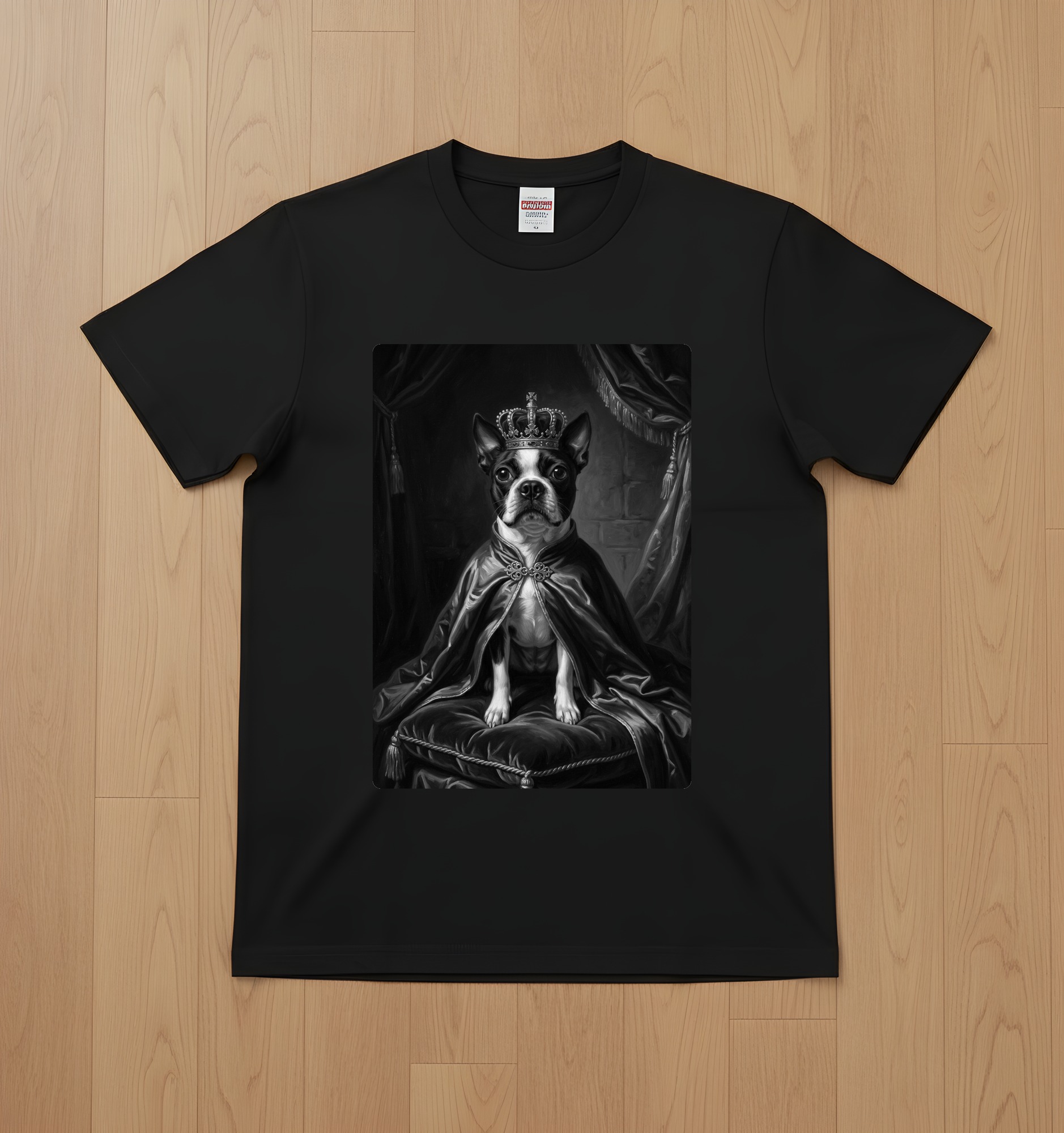 ボストンテリアのルネサンス肖像画Tシャツ(ブラック・モノクロプリント・額縁なし)