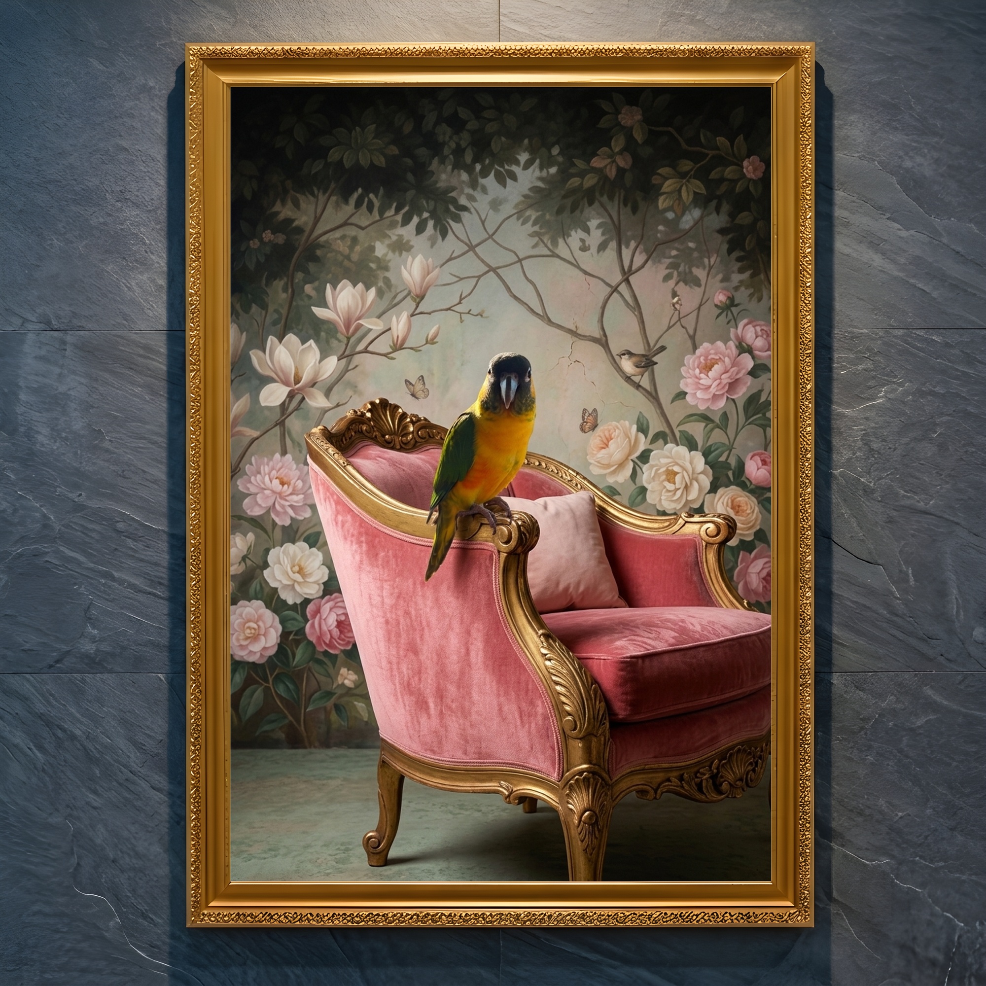 ズグロシロハラインコのシャビーピンクの油絵風アートロココ調額装プリント(A4金縁)
