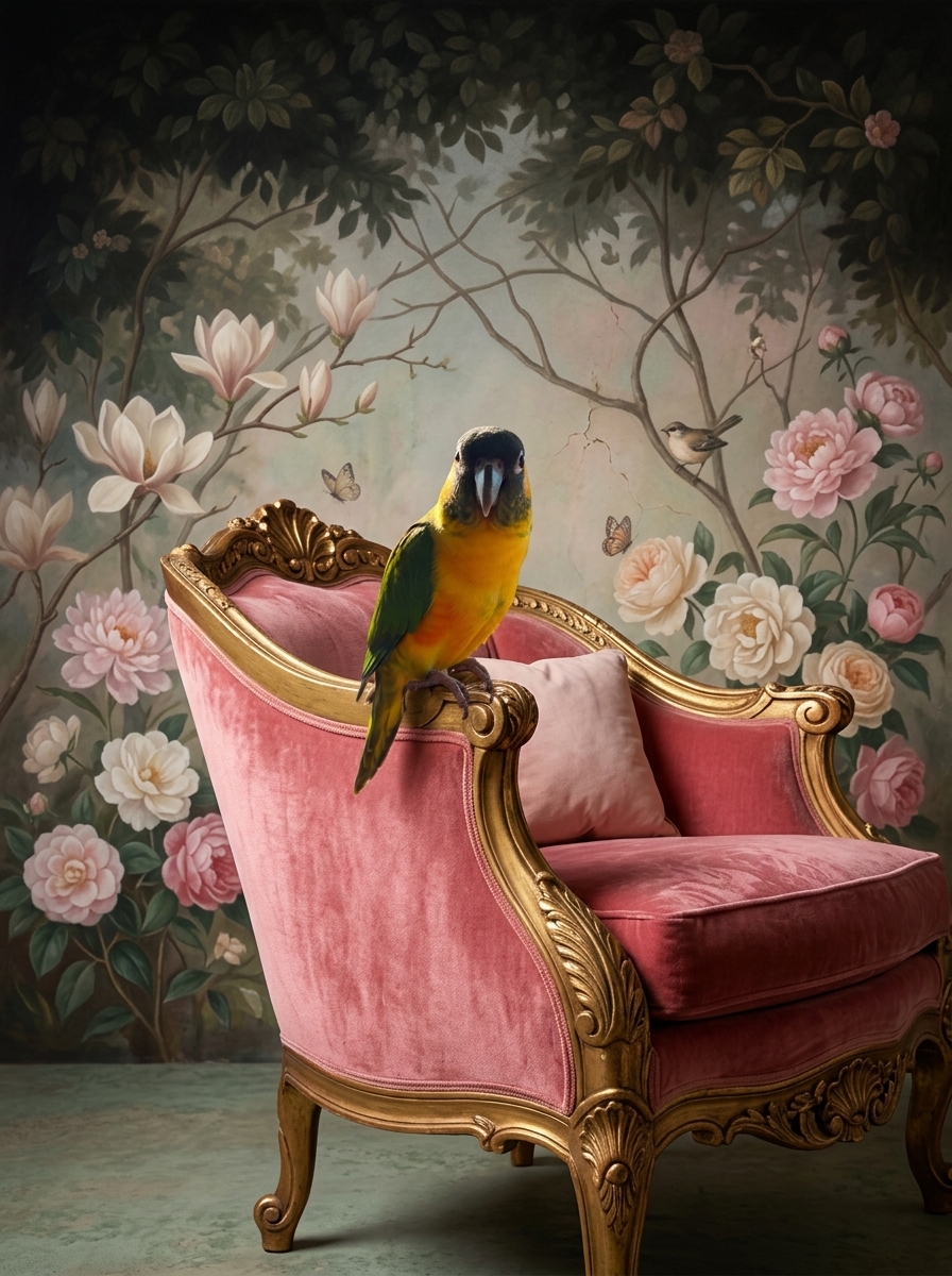 ズグロシロハラインコのシャビーピンクの油絵風アートロココ調額装プリント(A4金縁)(4枚目)