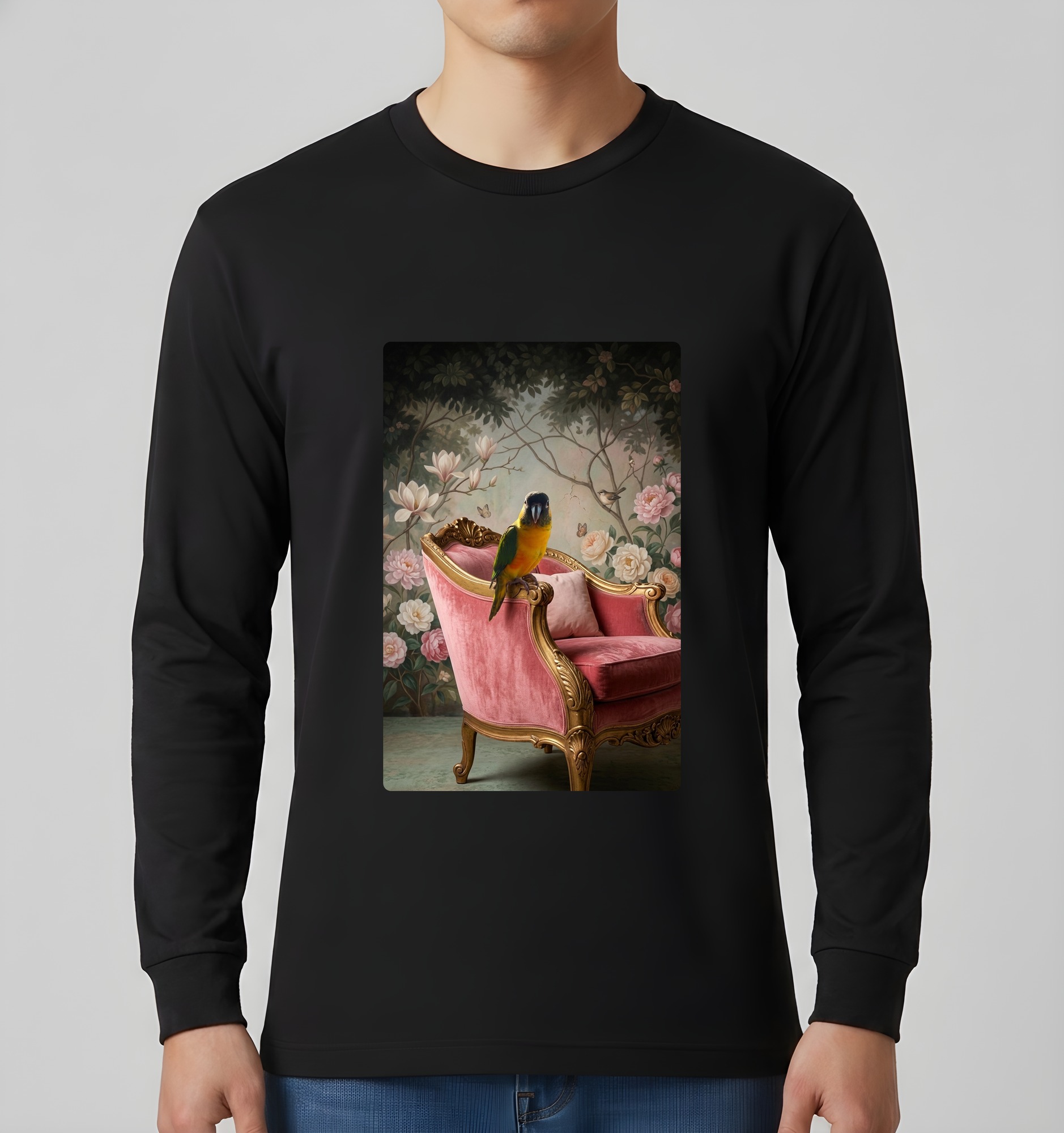 ズグロシロハラインコのシャビーピンクの油絵風アートロココ調長袖Tシャツ（ブラック）（3枚目）