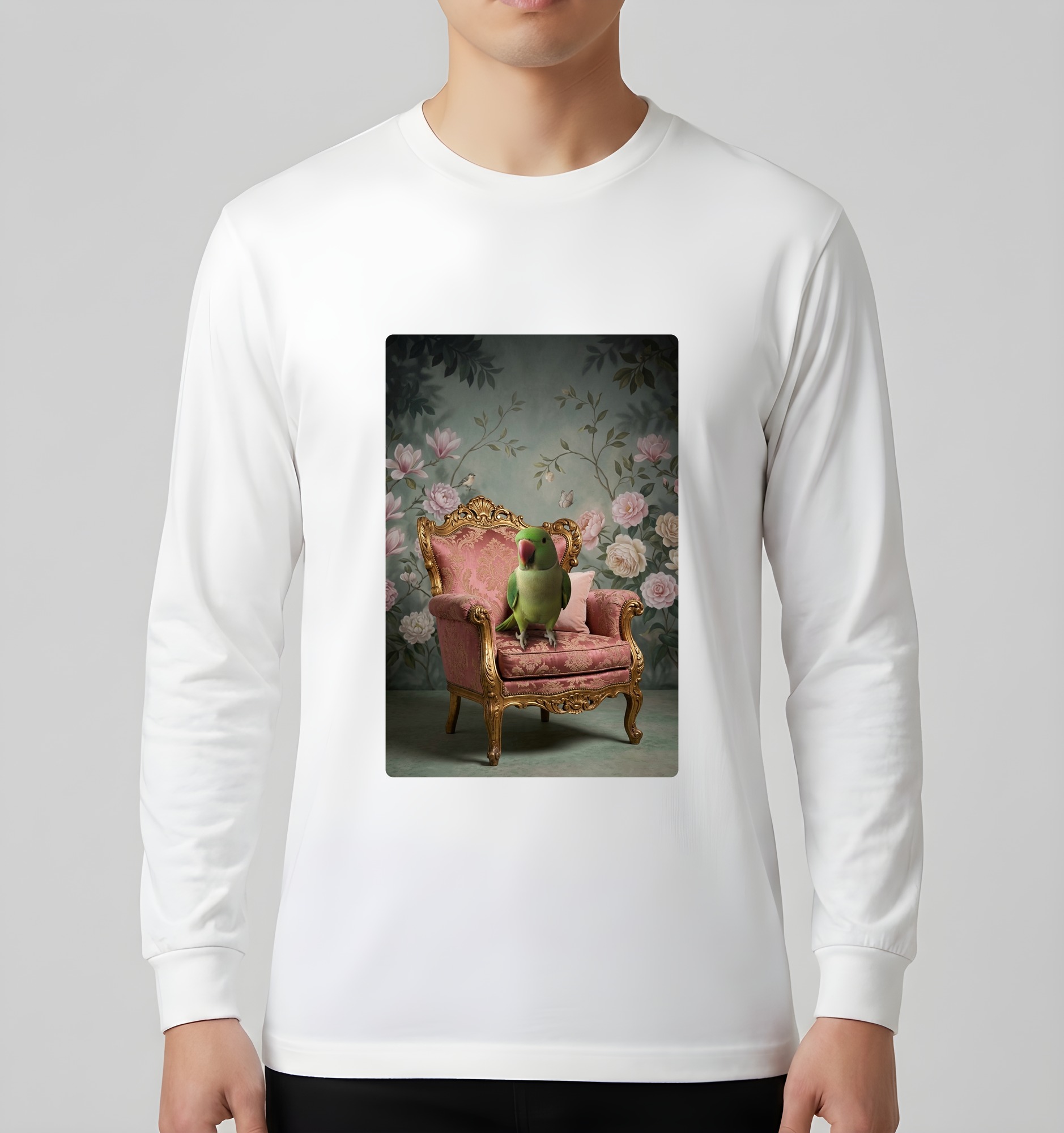 アレクサンドリンインコのシャビーピンクの油絵風アートロココ調長袖Tシャツ(ホワイト)(3枚目)