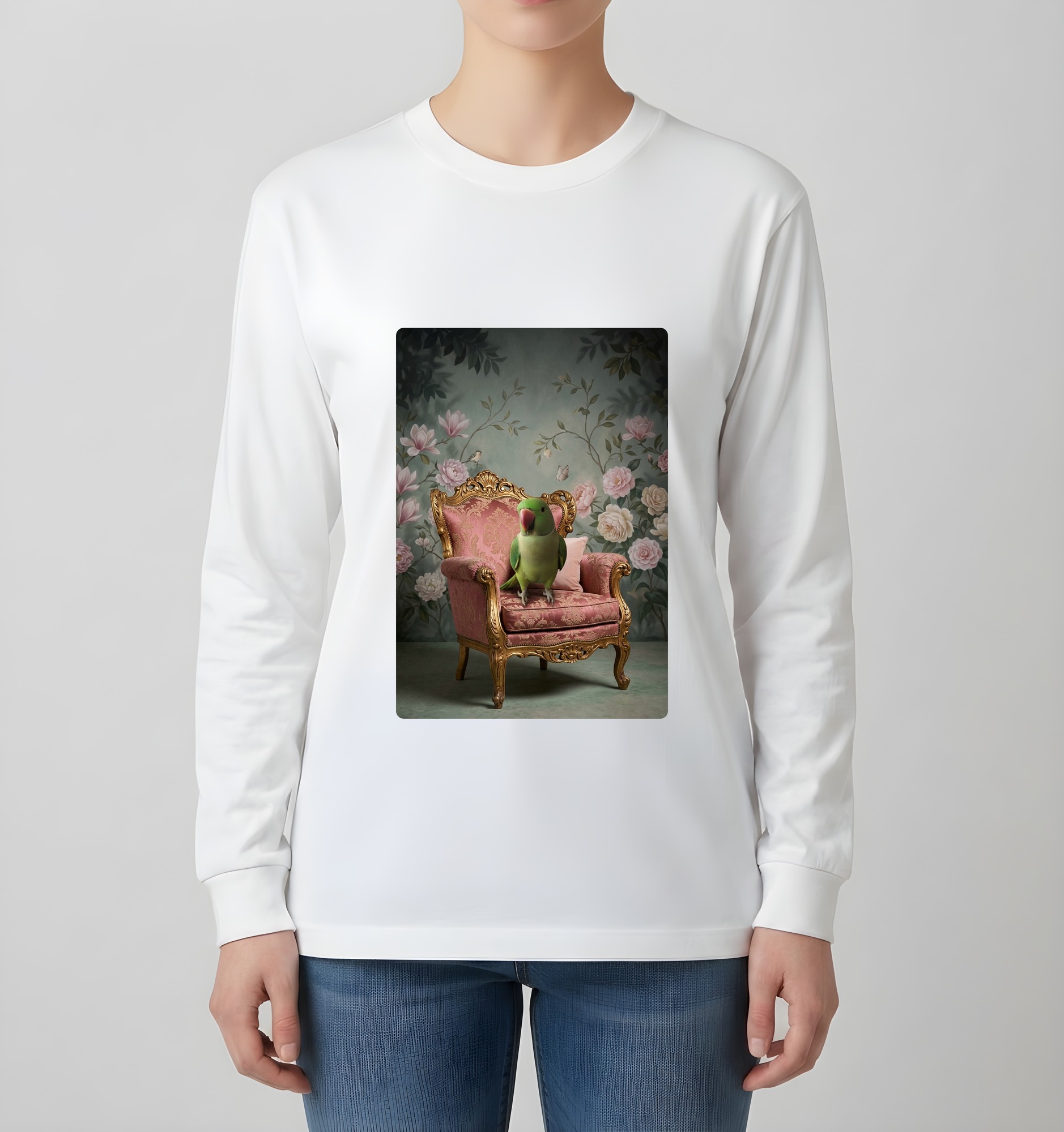 アレクサンドリンインコのシャビーピンクの油絵風アートロココ調長袖Tシャツ(ホワイト)(4枚目)