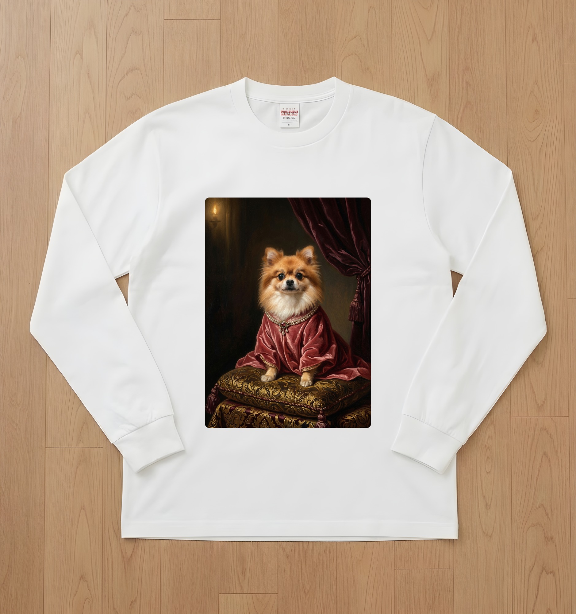 ポメラニアンのルネサンス肖像画長袖Tシャツ(ホワイト)
