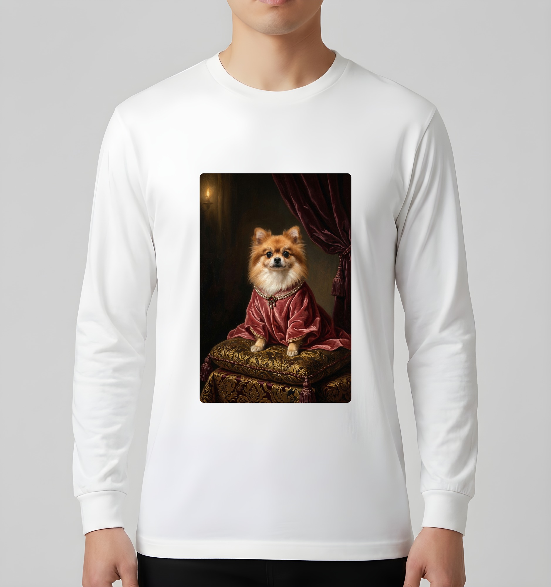 ポメラニアンのルネサンス肖像画長袖Tシャツ(ホワイト)(3枚目)