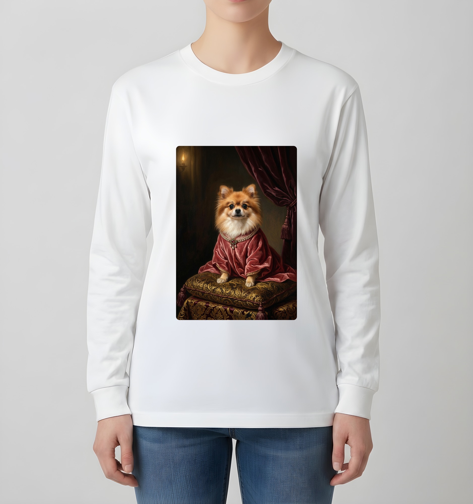 ポメラニアンのルネサンス肖像画長袖Tシャツ(ホワイト)(4枚目)