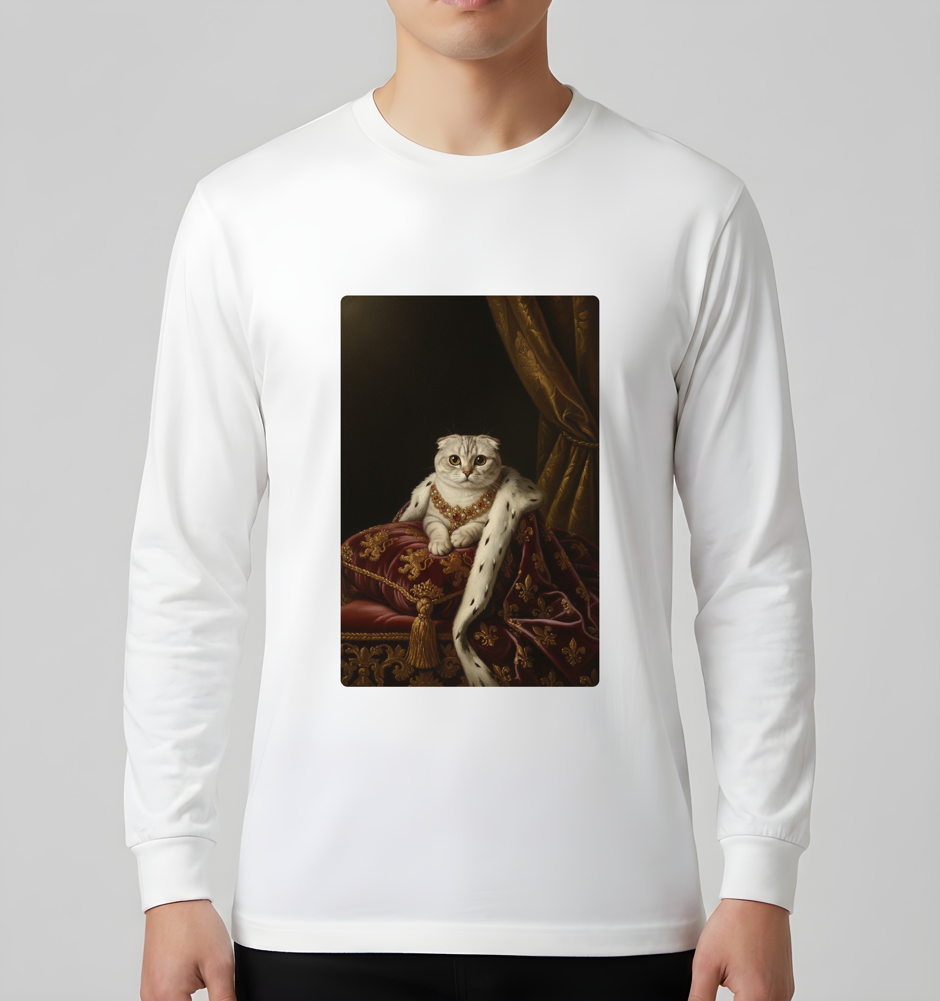 スコティッシュフォールドのルネサンス肖像画長袖Tシャツ(ホワイト)(3枚目)