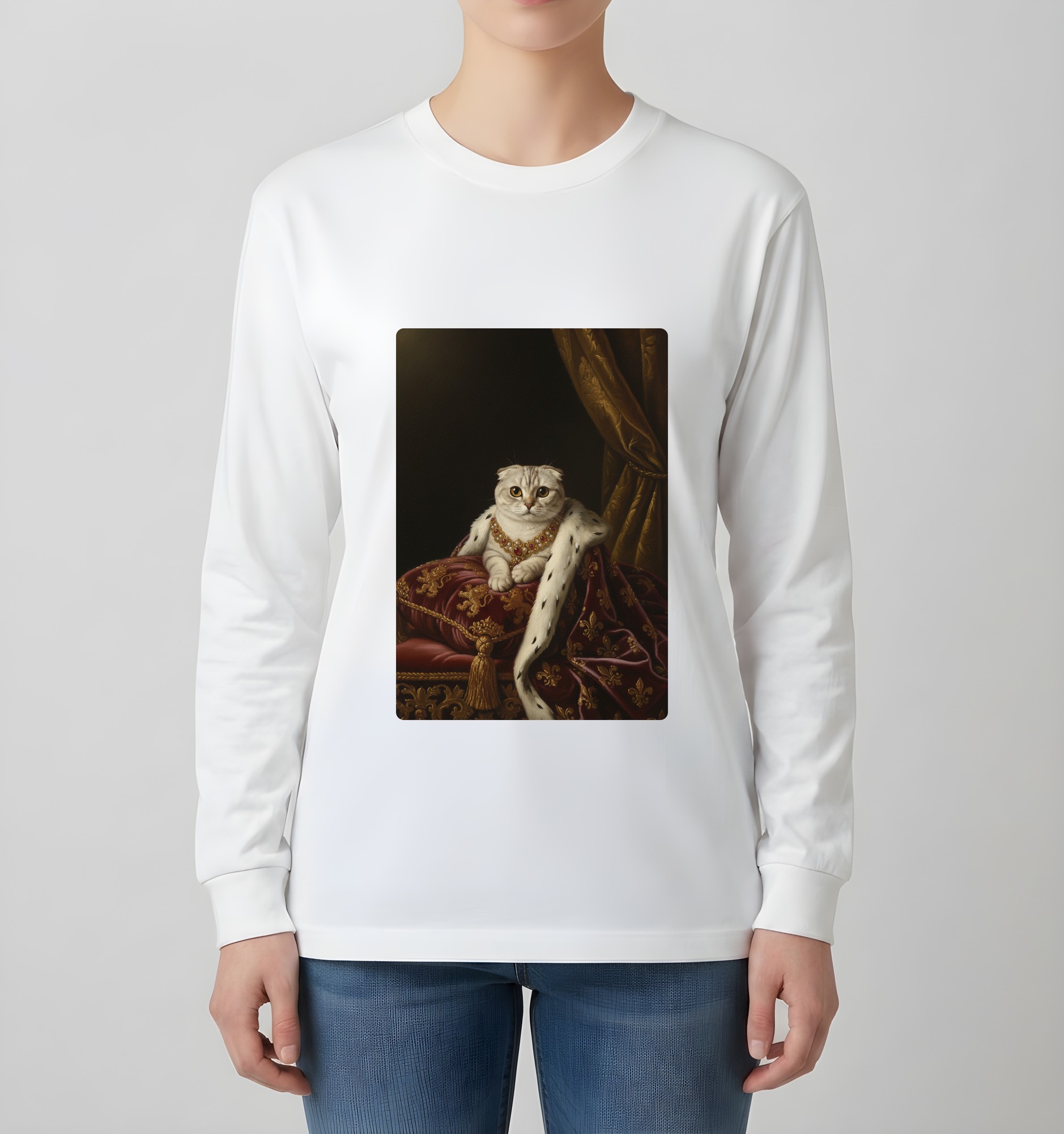 スコティッシュフォールドのルネサンス肖像画長袖Tシャツ(ホワイト)(4枚目)