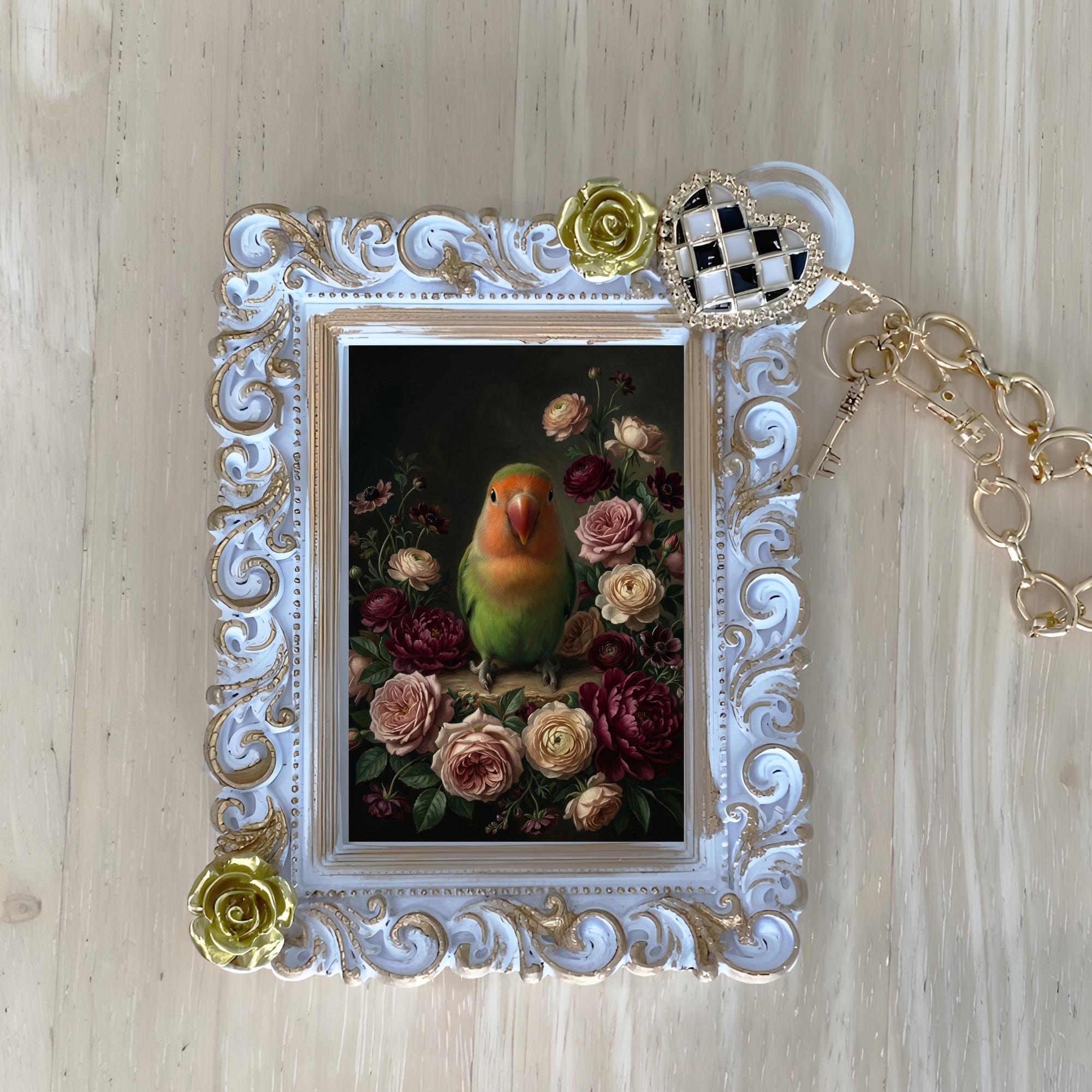 コザクラインコの花の油絵風アート花柄バッグチャーム(ホワイト)