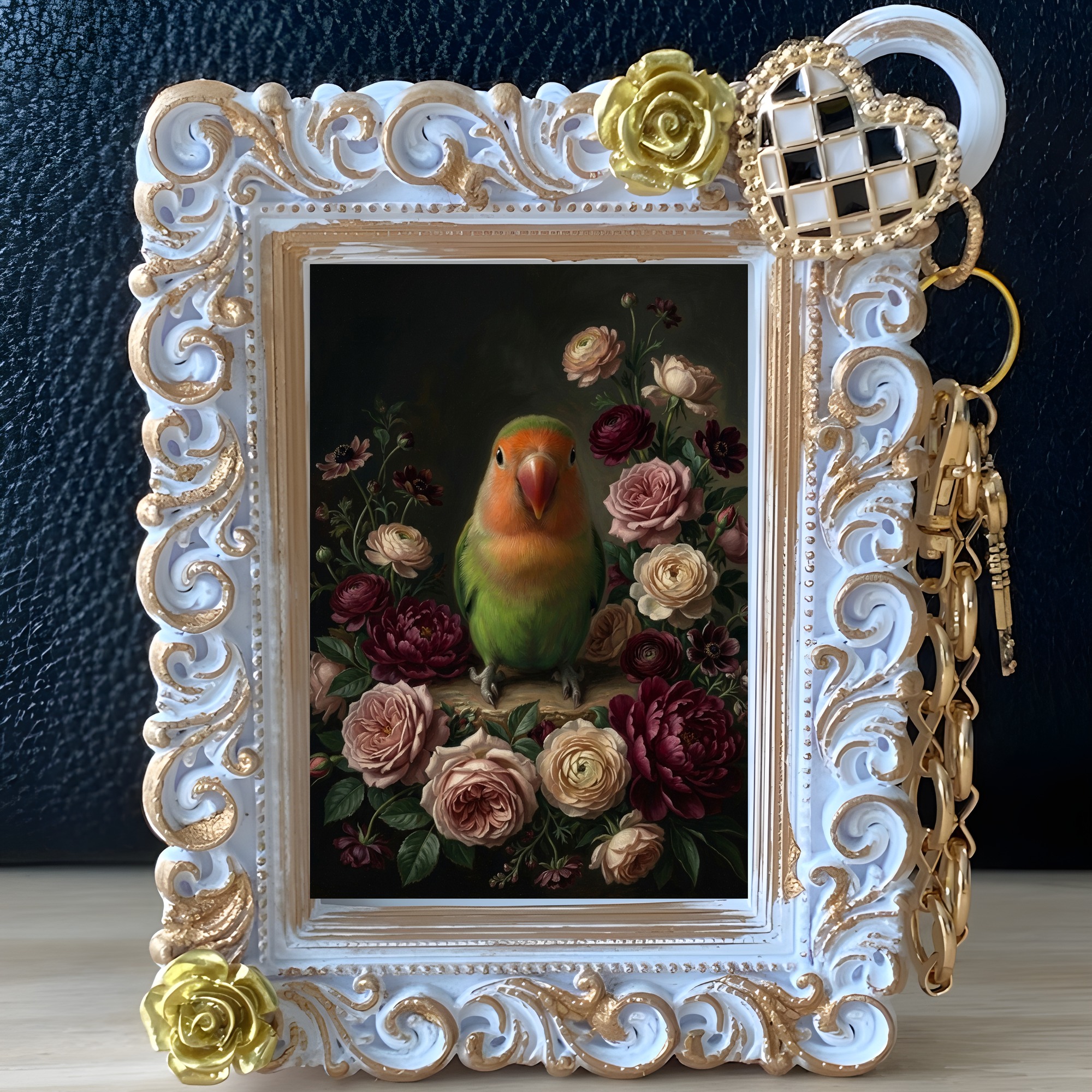 コザクラインコの花の油絵風アート花柄バッグチャーム(ホワイト)(2枚目)