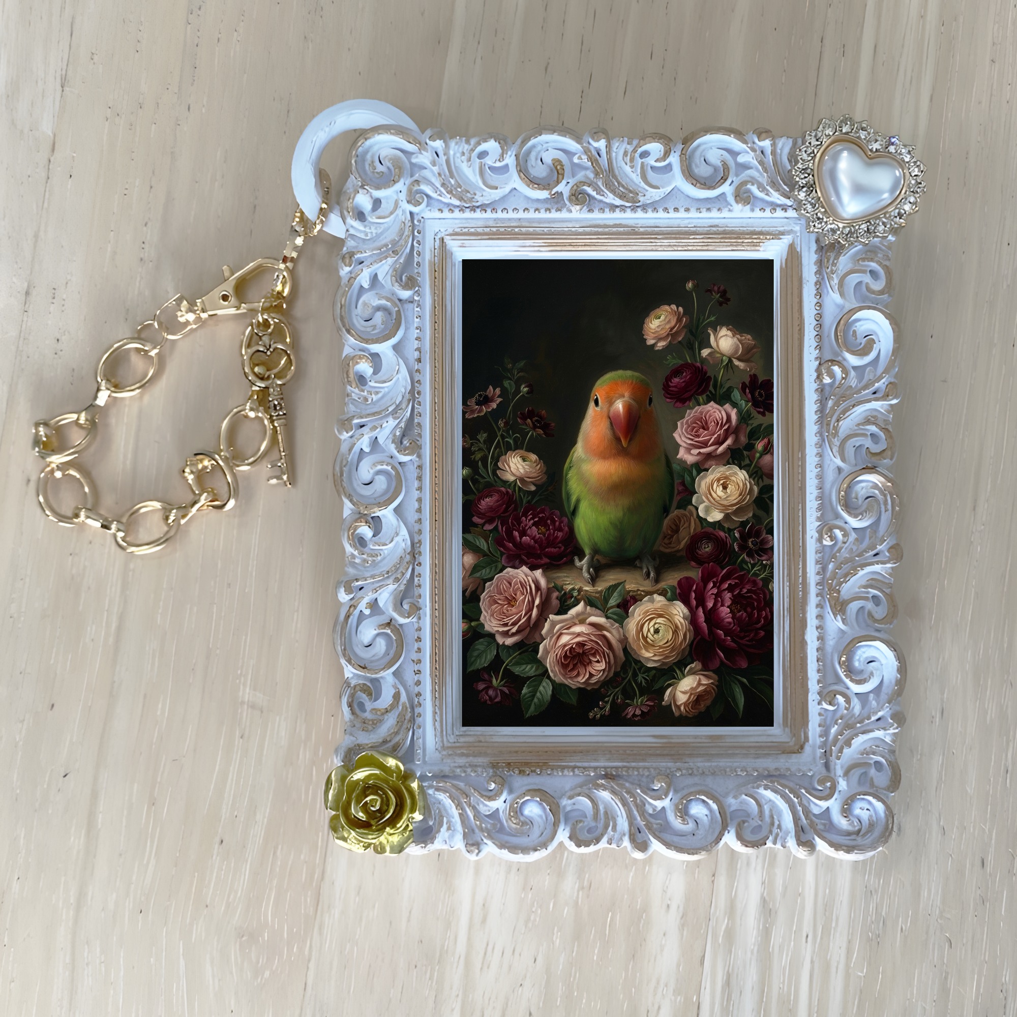 コザクラインコの花の油絵風アート花柄バッグチャーム(ホワイト)(4枚目)