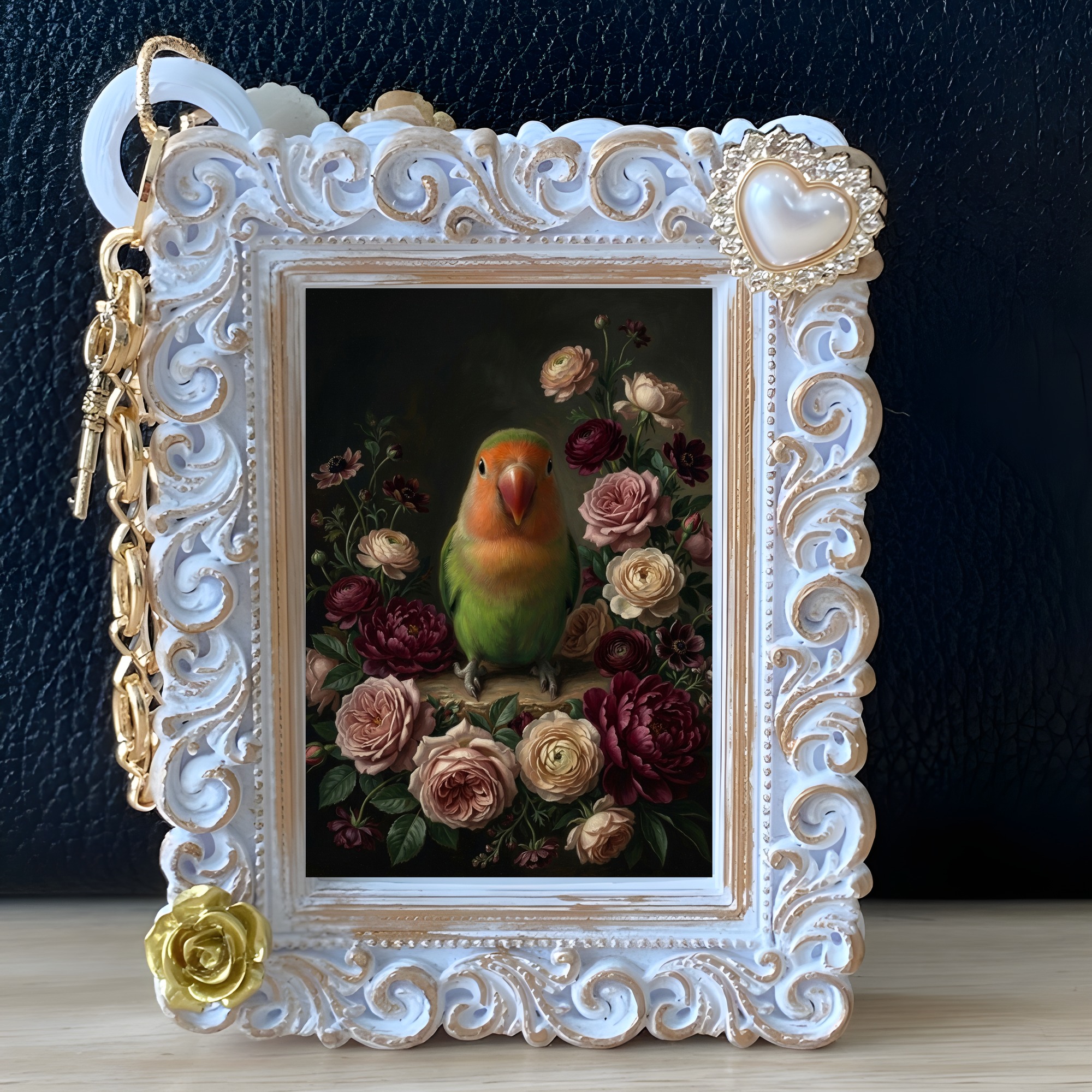 コザクラインコの花の油絵風アート花柄バッグチャーム(ホワイト)(5枚目)
