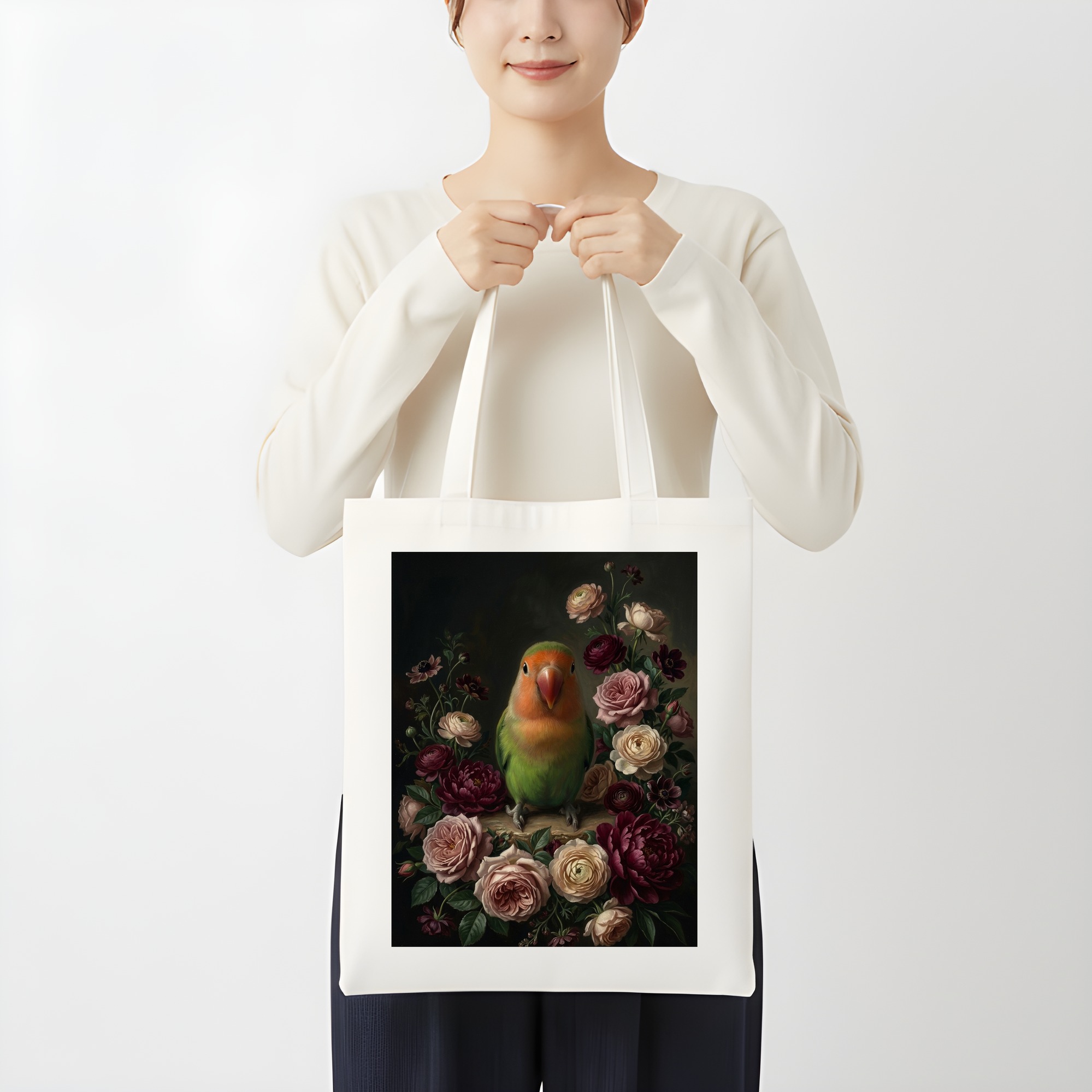 コザクラインコの花の油絵風アート花柄トートバッグ(3枚目)