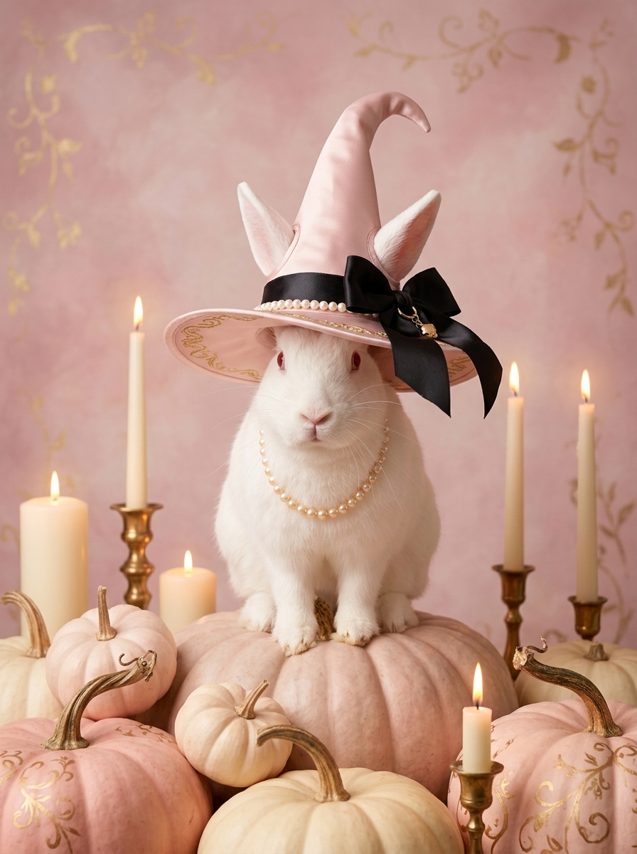 ニュージーランドホワイトのかぼちゃとキャンドルの油絵風アートハロウィン額装プリント（A4金縁）（4枚目）