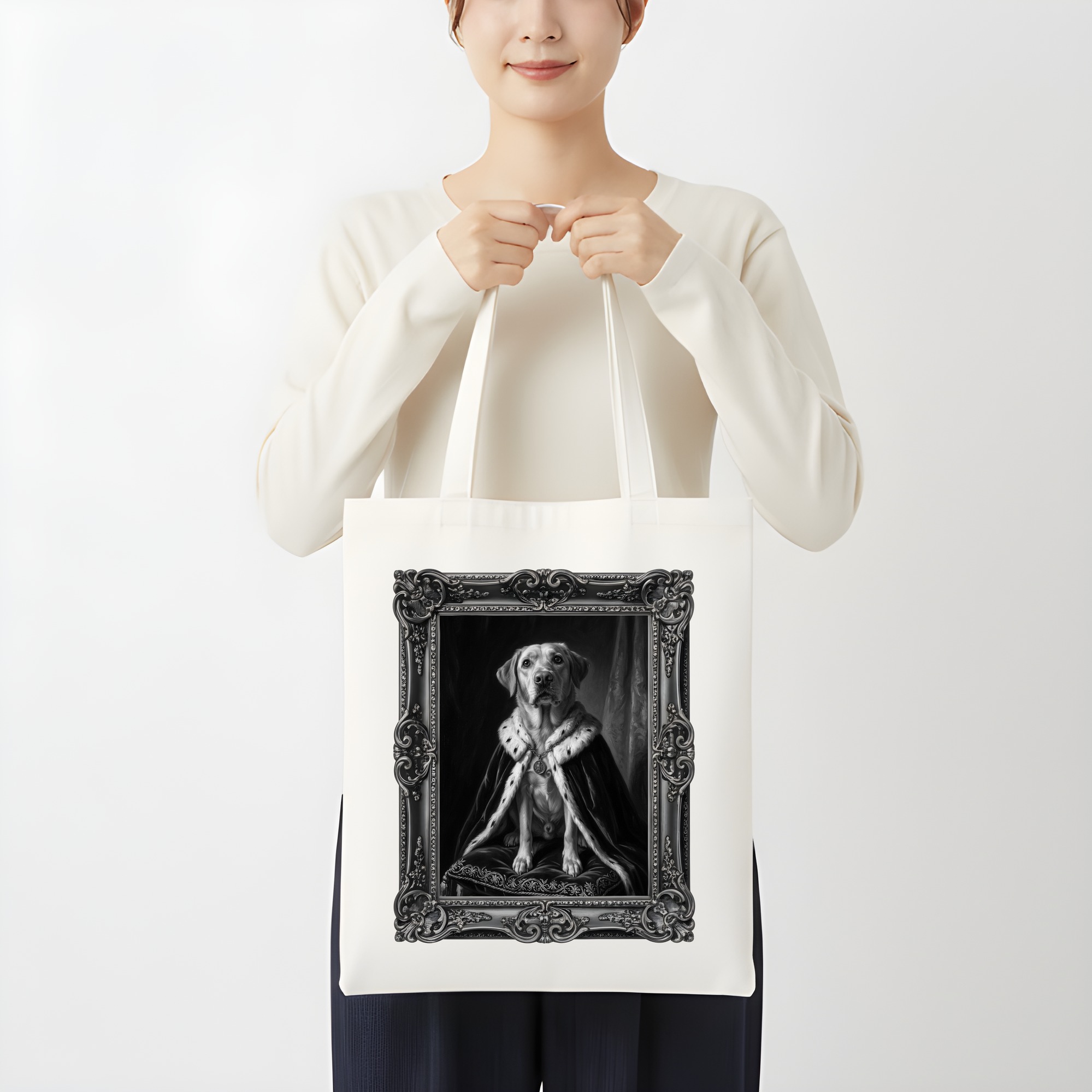 ラブラドールレトリバーのルネサンス肖像画トートバッグ（モノクロプリント・額縁デザインあり）（3枚目）