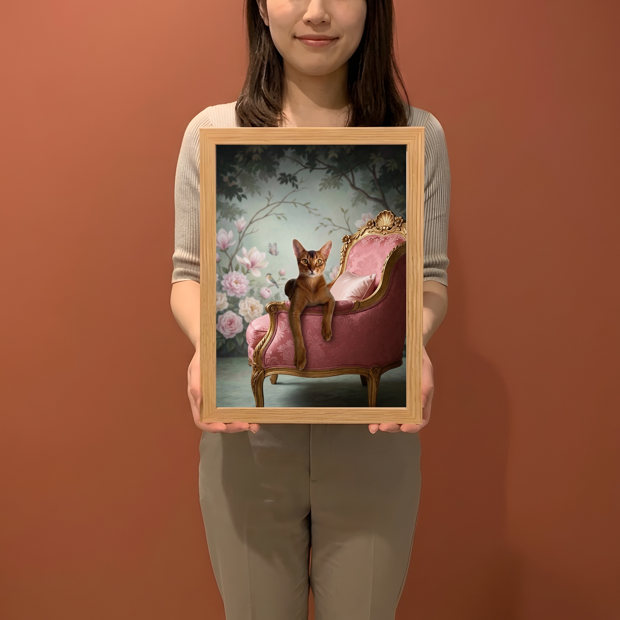 アビシニアンのシャビーピンクの油絵風アートロココ調額装プリント（A4サイズ）（2枚目）