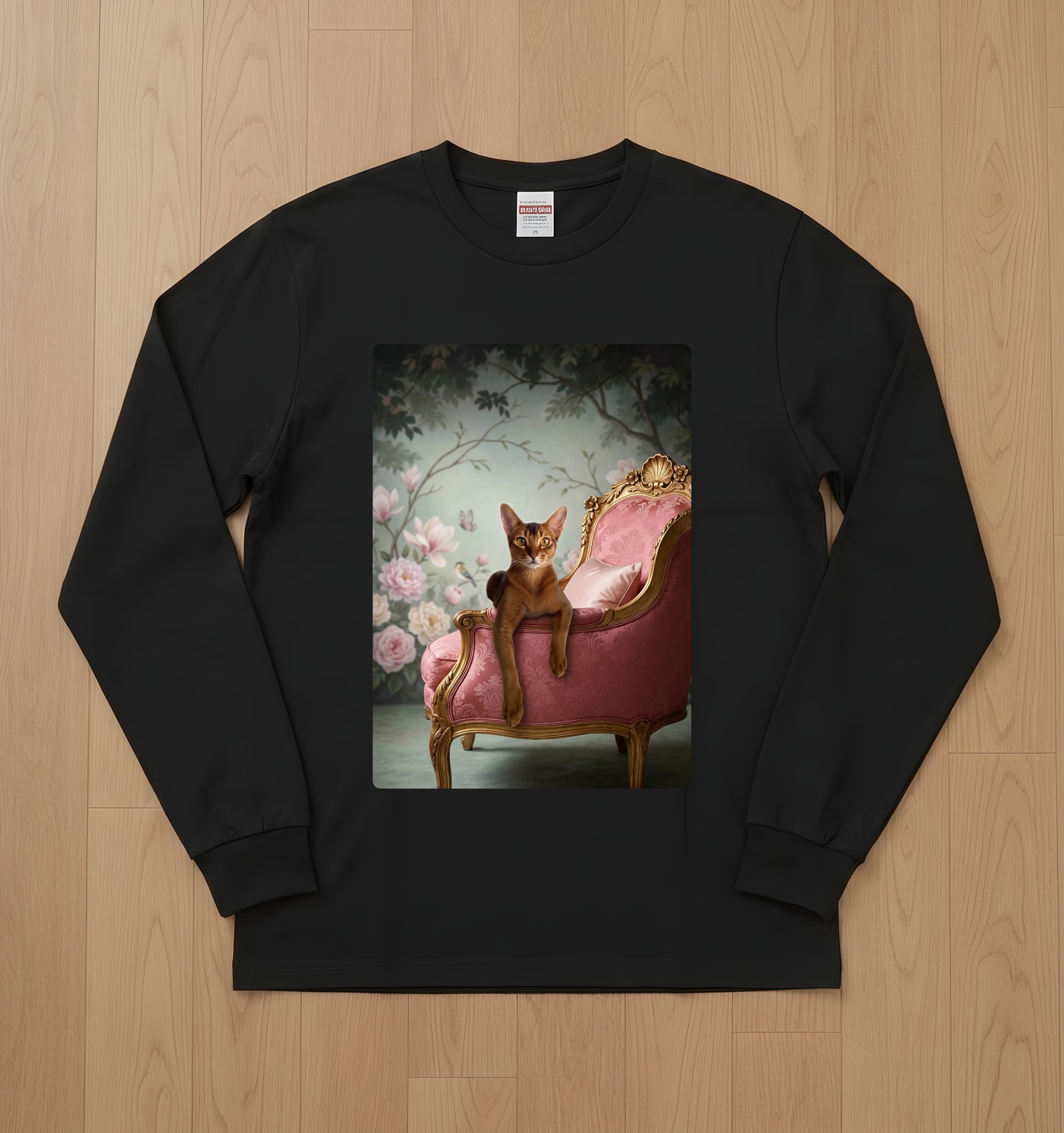 アビシニアンのシャビーピンクの油絵風アートロココ調長袖Tシャツ(ブラック)