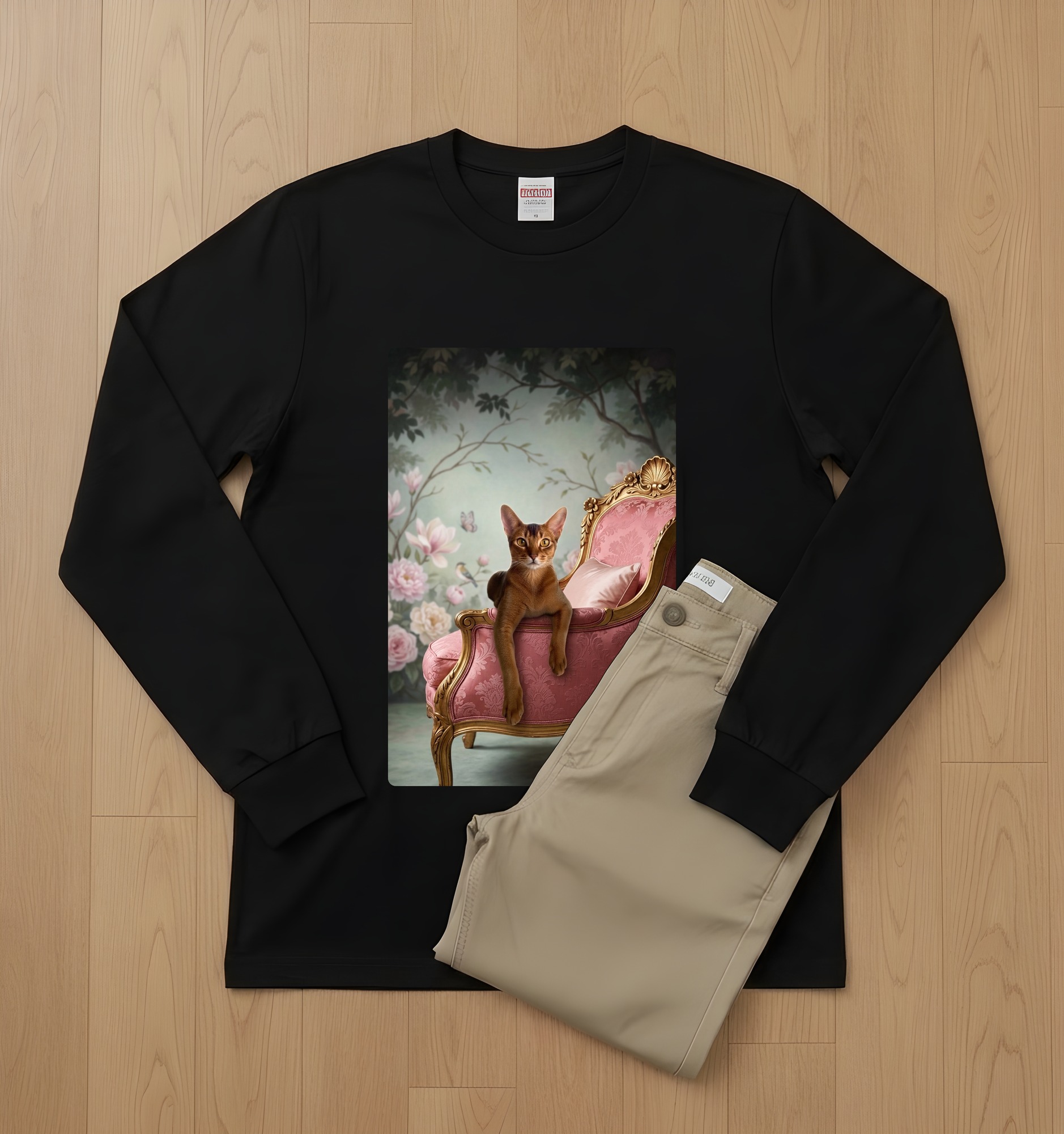 アビシニアンのシャビーピンクの油絵風アートロココ調長袖Tシャツ(ブラック)(2枚目)