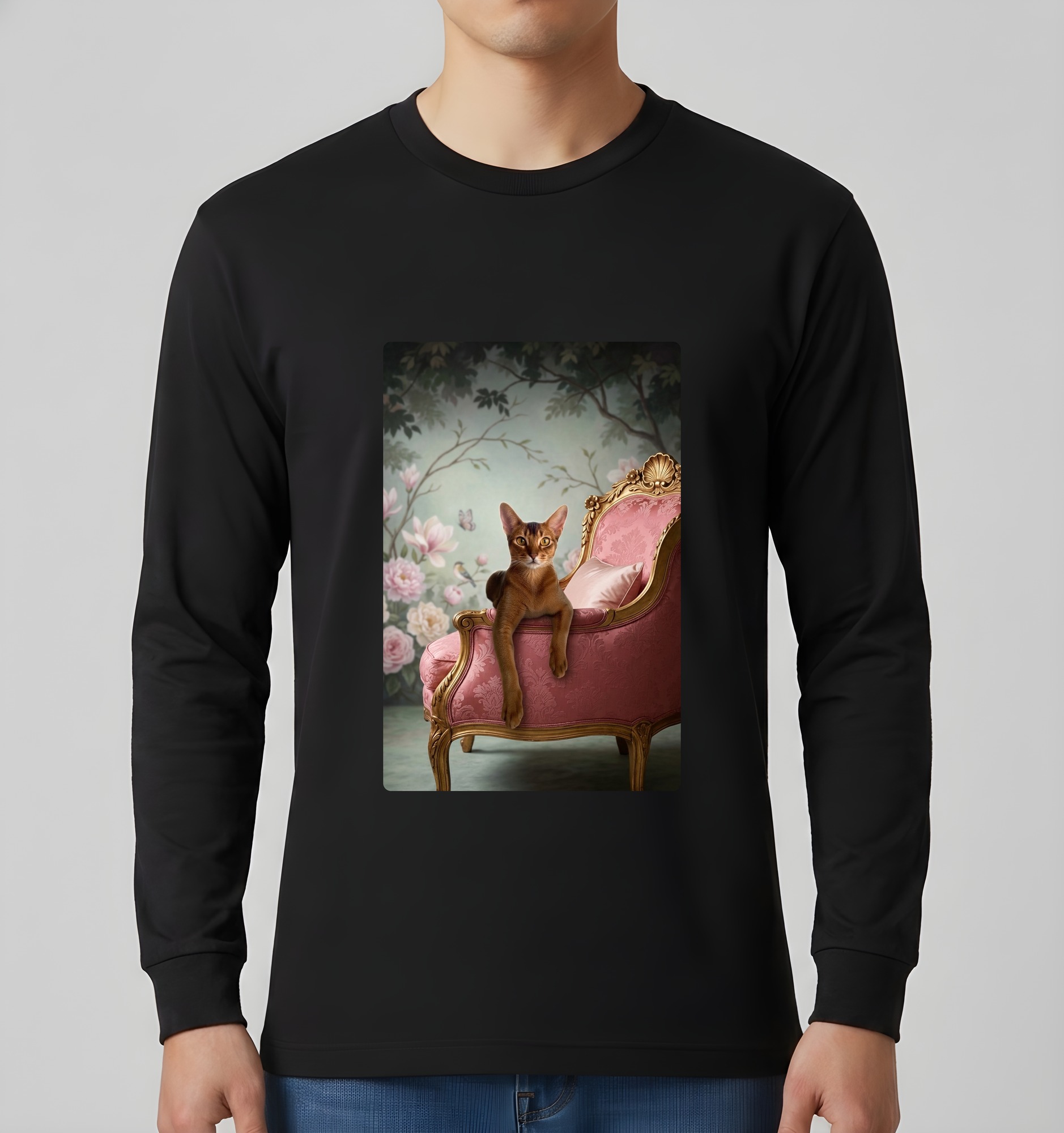 アビシニアンのシャビーピンクの油絵風アートロココ調長袖Tシャツ(ブラック)(3枚目)