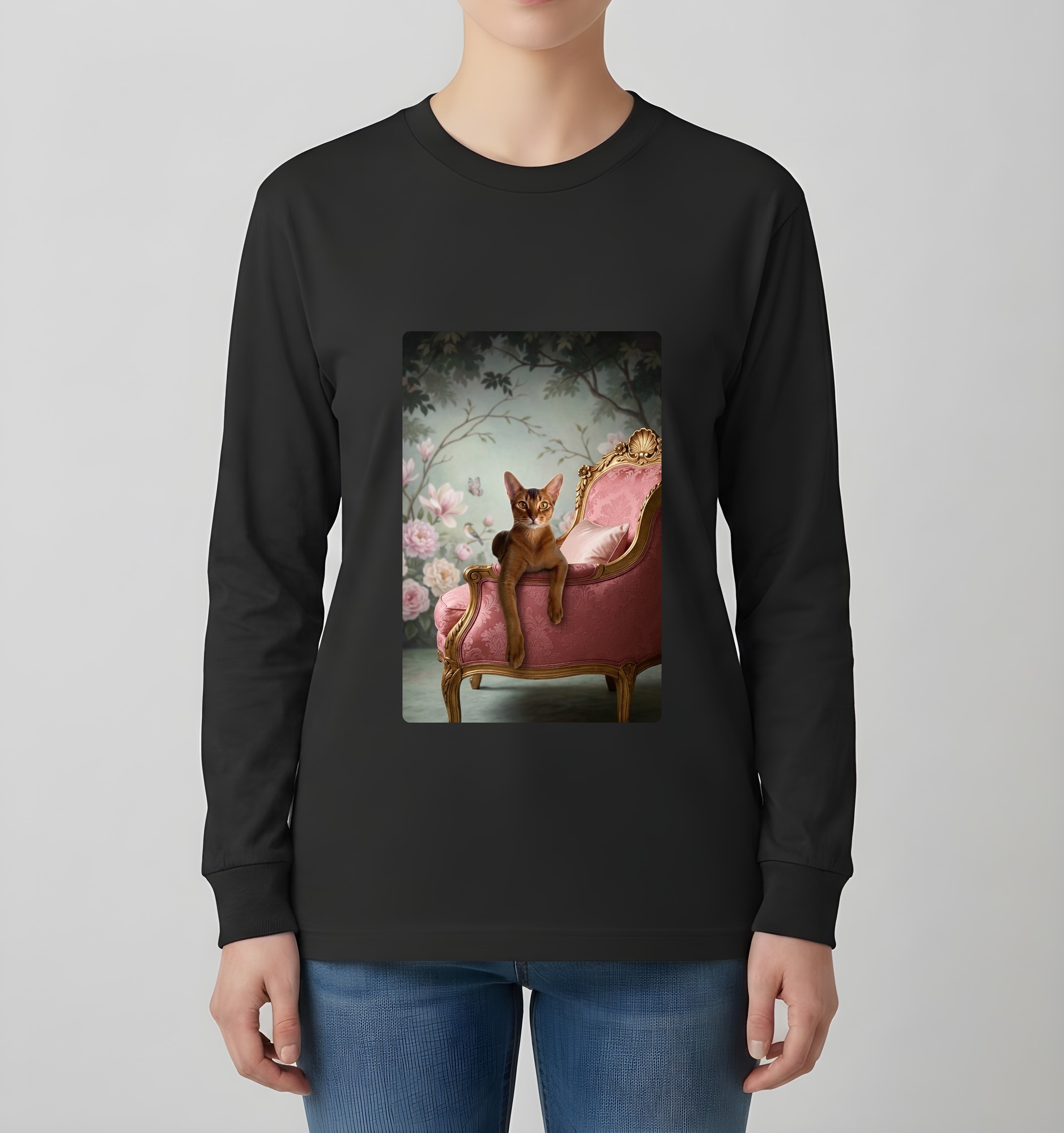 アビシニアンのシャビーピンクの油絵風アートロココ調長袖Tシャツ(ブラック)(4枚目)
