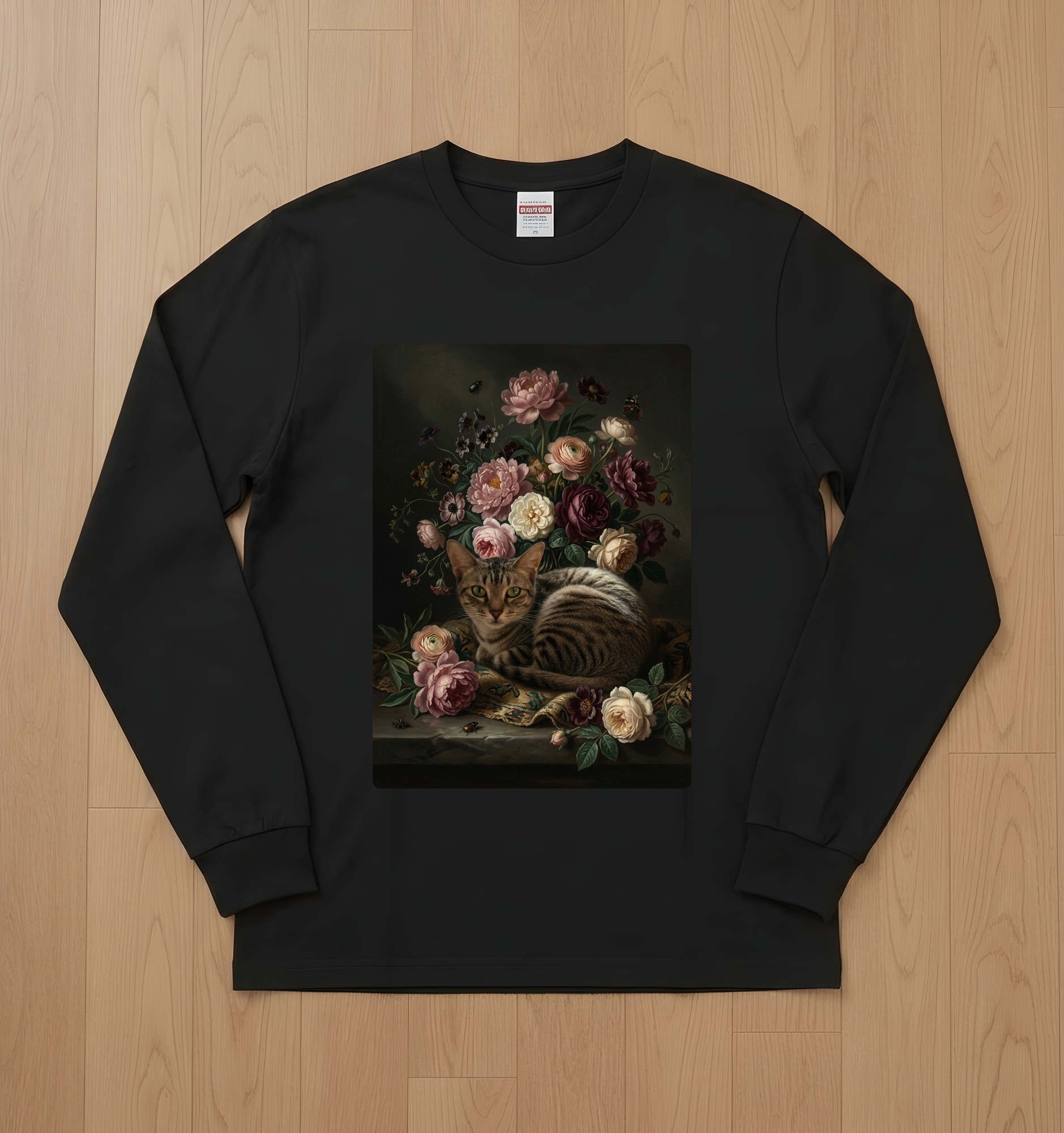 アメリカンショートヘアの花の油絵風アート花柄長袖Tシャツ(ブラック)