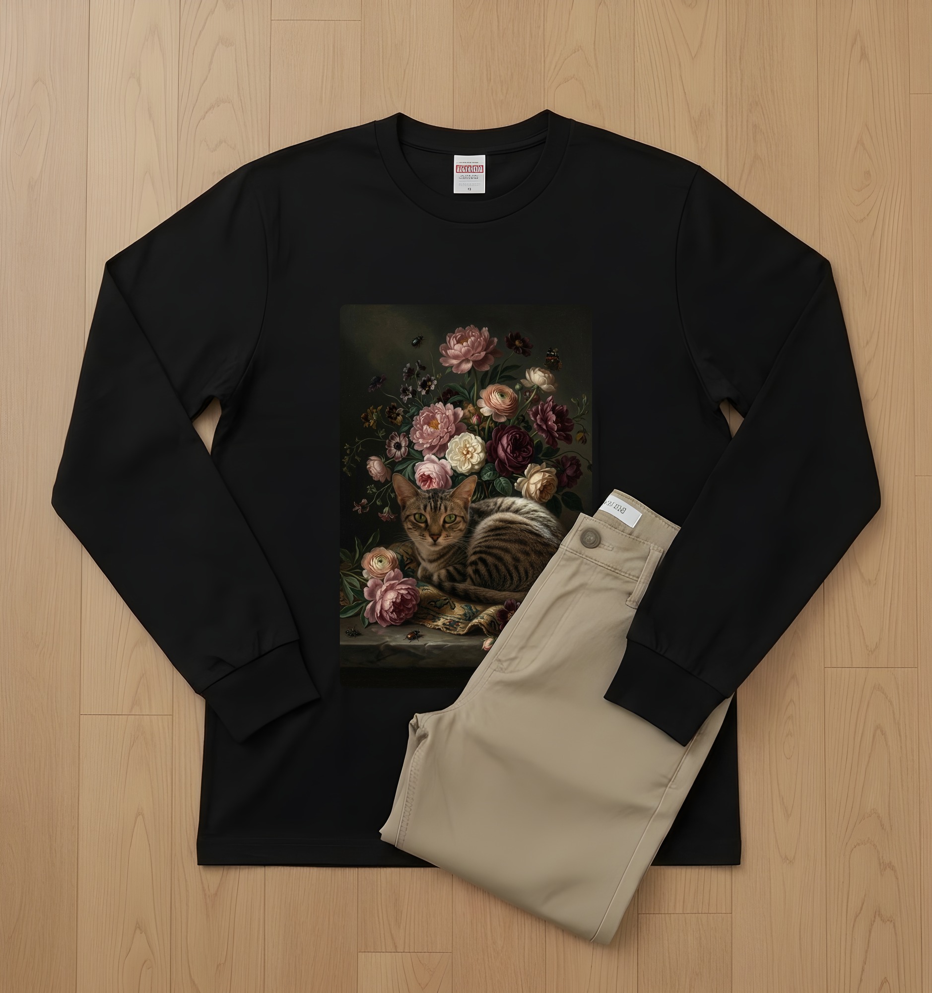 アメリカンショートヘアの花の油絵風アート花柄長袖Tシャツ(ブラック)(2枚目)