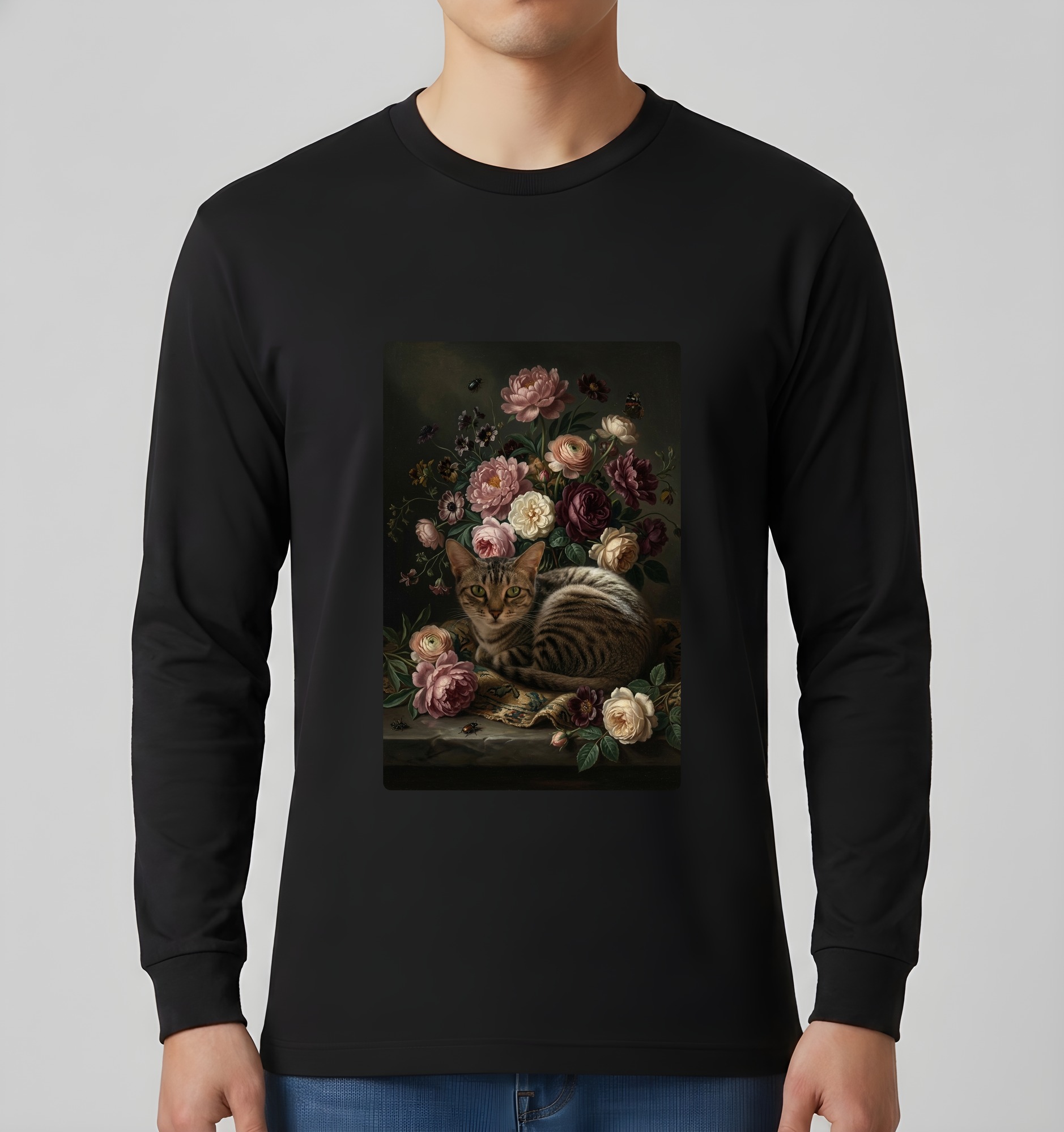 アメリカンショートヘアの花の油絵風アート花柄長袖Tシャツ(ブラック)(3枚目)