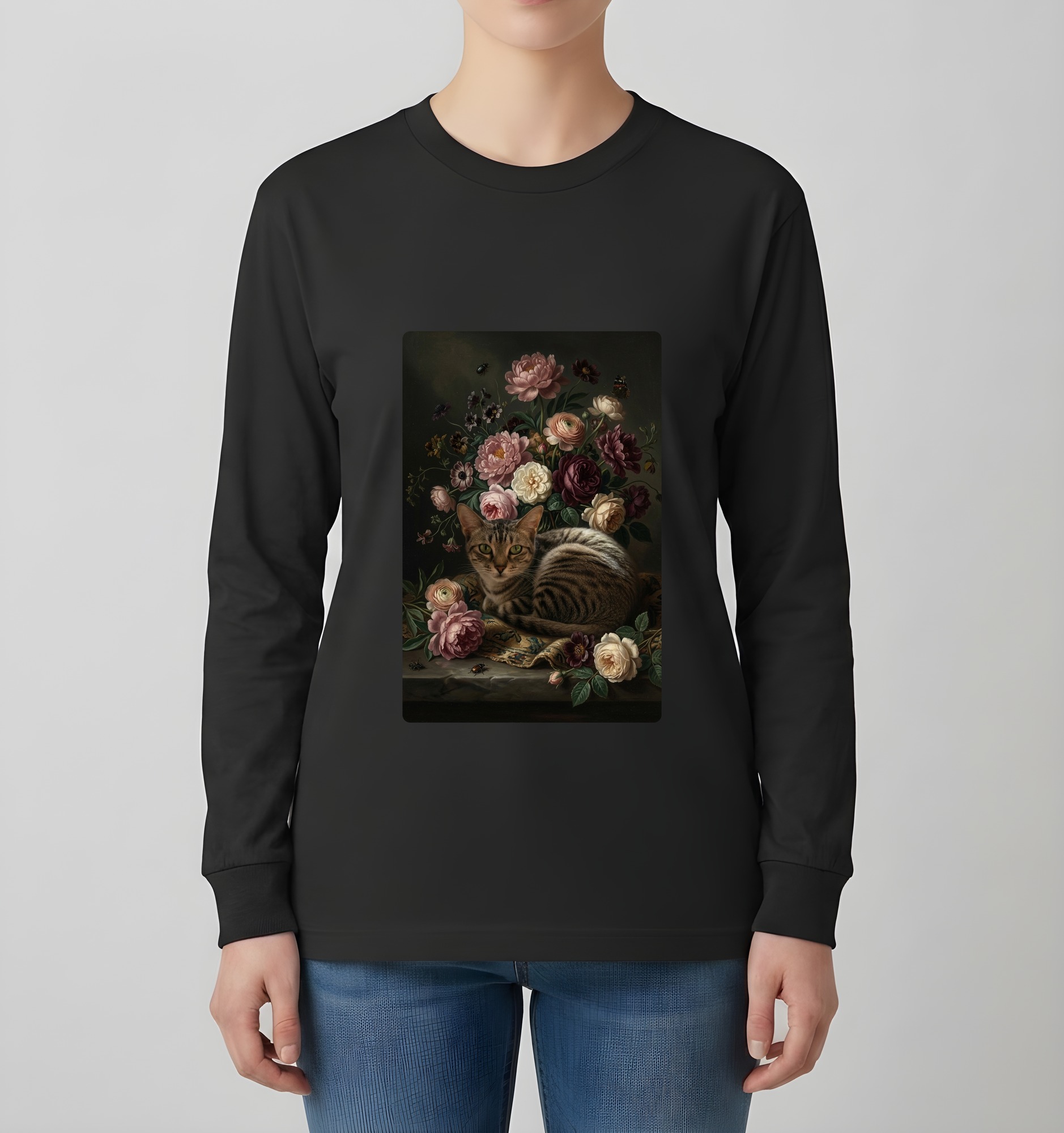 アメリカンショートヘアの花の油絵風アート花柄長袖Tシャツ(ブラック)(4枚目)