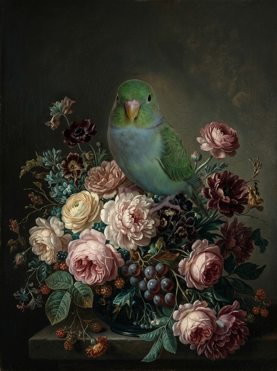 サザナミインコの花の油絵風アート花柄額装プリント（A3サイズ）（4枚目）