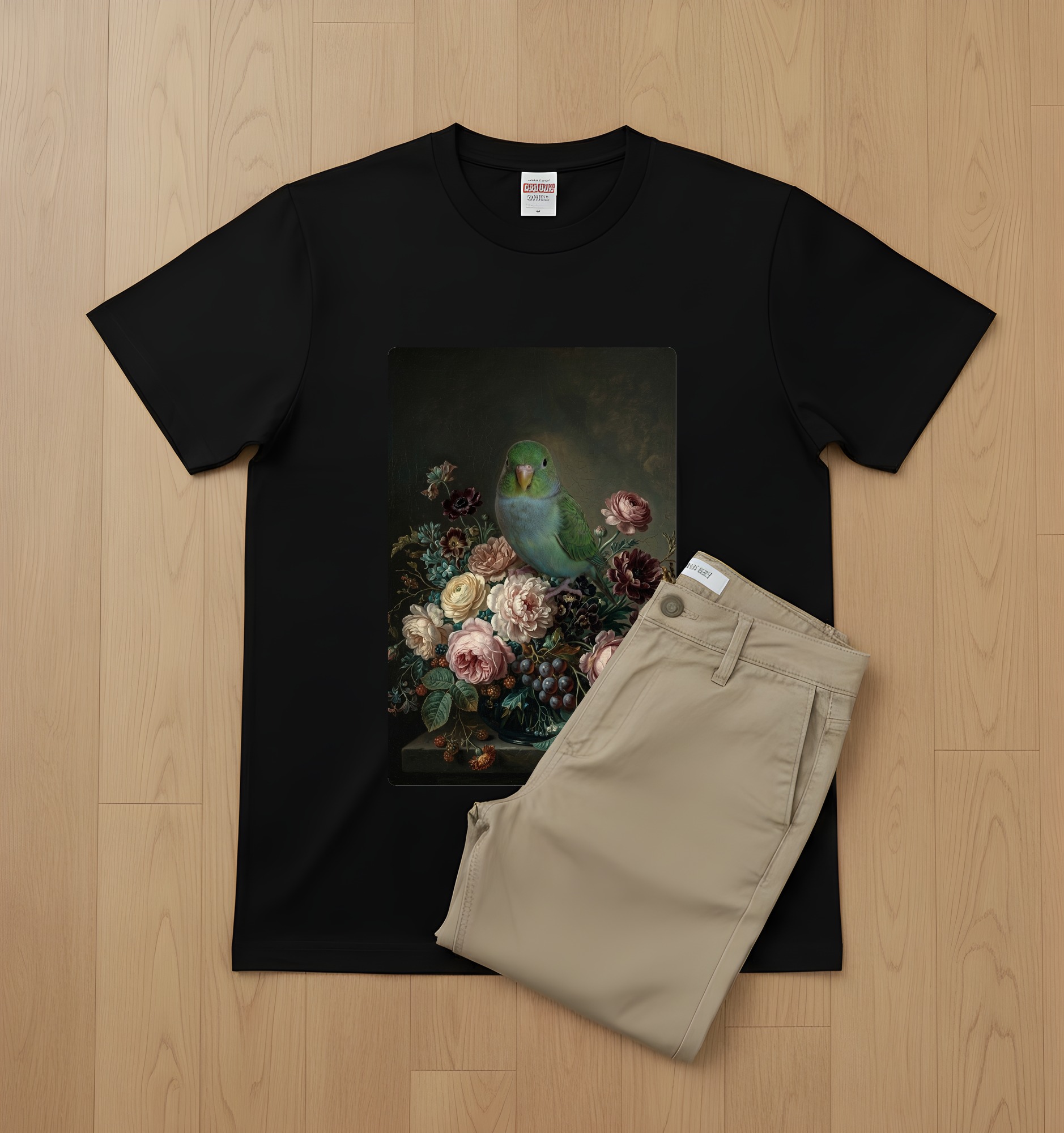サザナミインコの花の油絵風アート花柄Tシャツ（ブラック）（2枚目）