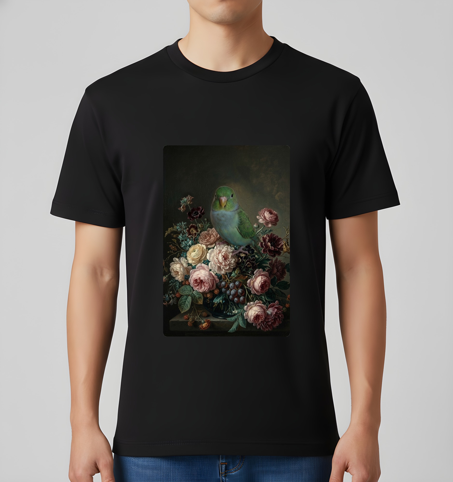 サザナミインコの花の油絵風アート花柄Tシャツ（ブラック）（3枚目）