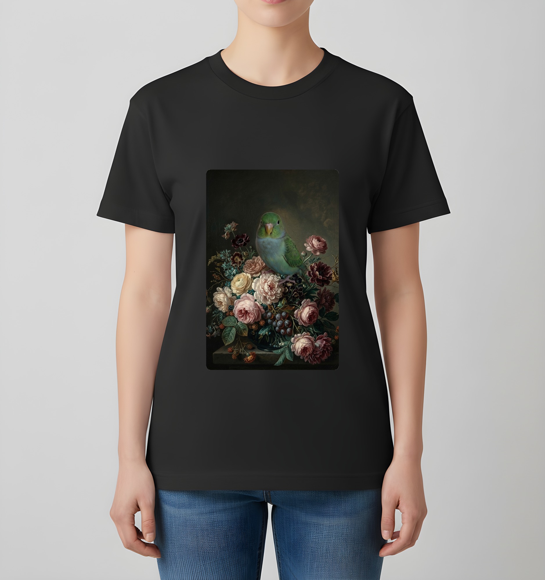 サザナミインコの花の油絵風アート花柄Tシャツ（ブラック）（4枚目）