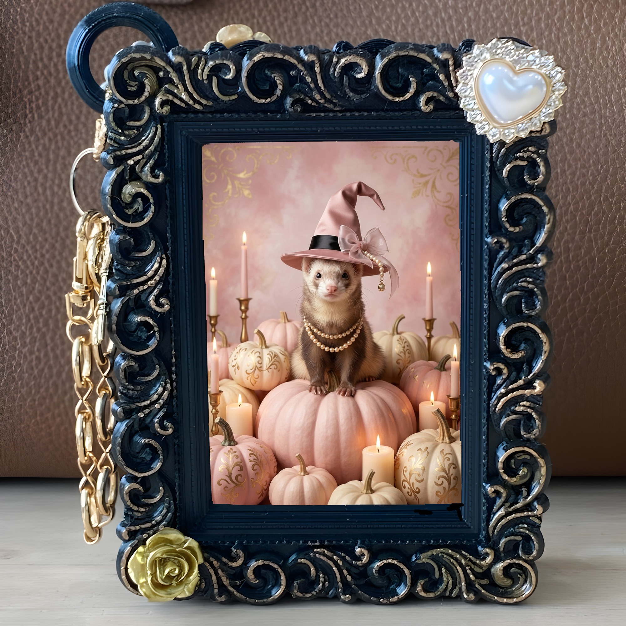 フェレットのかぼちゃとキャンドルの油絵風アートハロウィンバッグチャーム(ブラック)(5枚目)