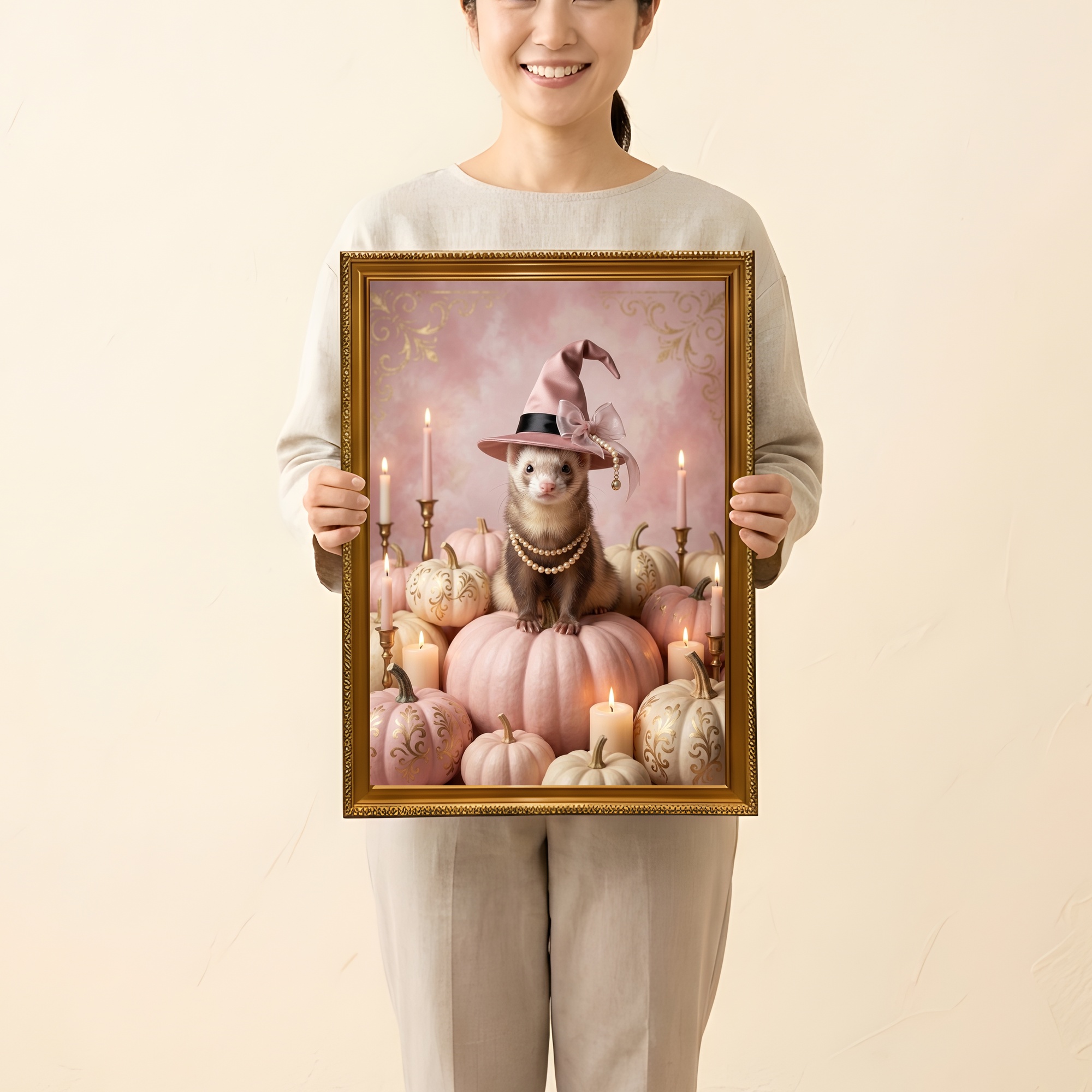 フェレットのかぼちゃとキャンドルの油絵風アートハロウィン額装プリント(A3サイズ)(2枚目)