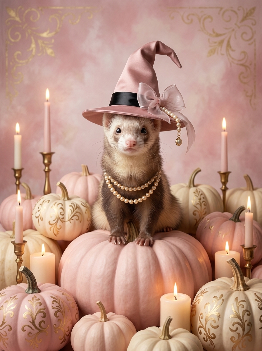フェレットのかぼちゃとキャンドルの油絵風アートハロウィン額装プリント(A3サイズ)(4枚目)