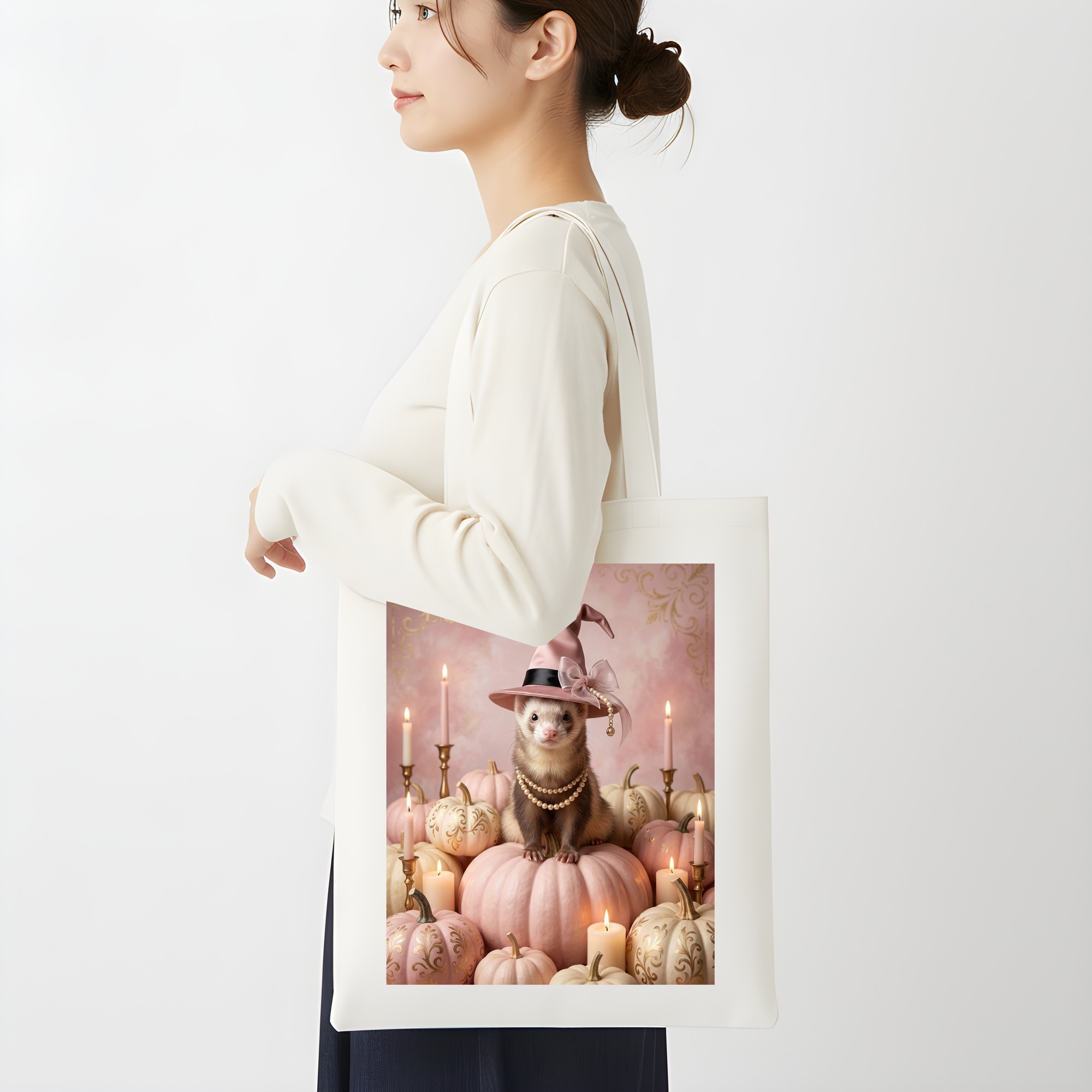 フェレットのかぼちゃとキャンドルの油絵風アートハロウィントートバッグ(2枚目)