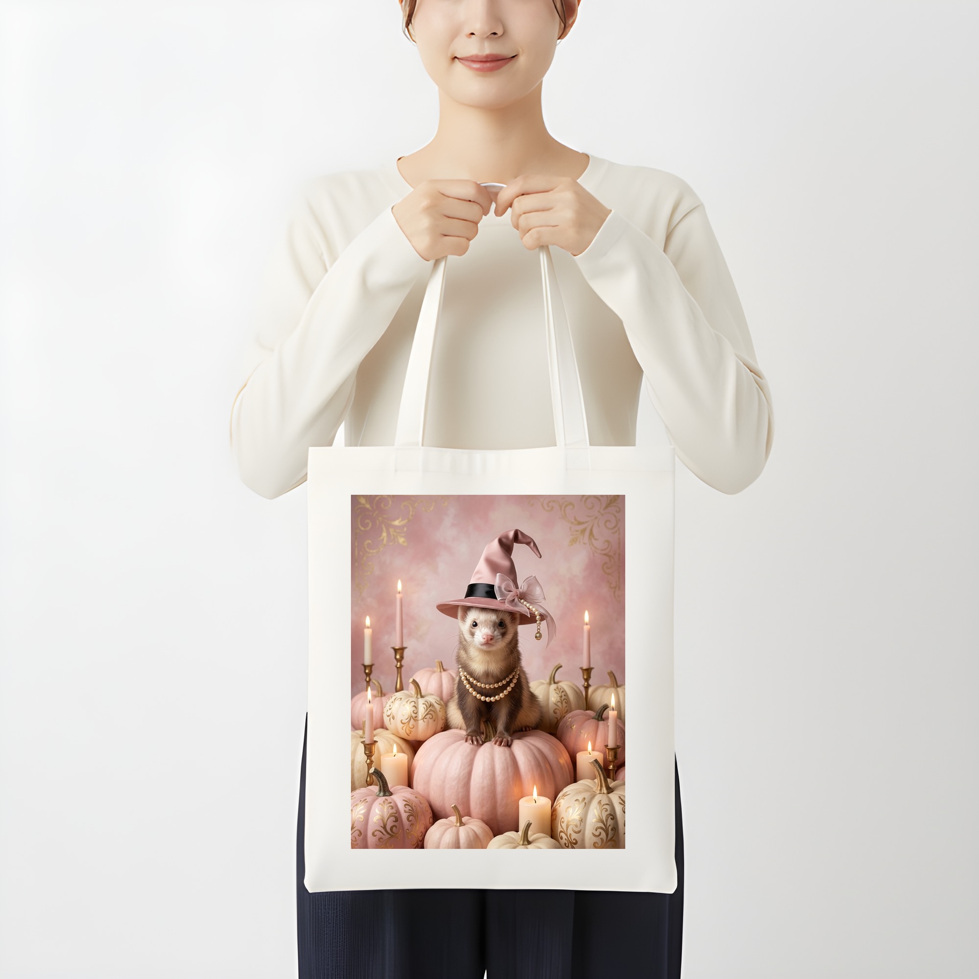 フェレットのかぼちゃとキャンドルの油絵風アートハロウィントートバッグ(3枚目)