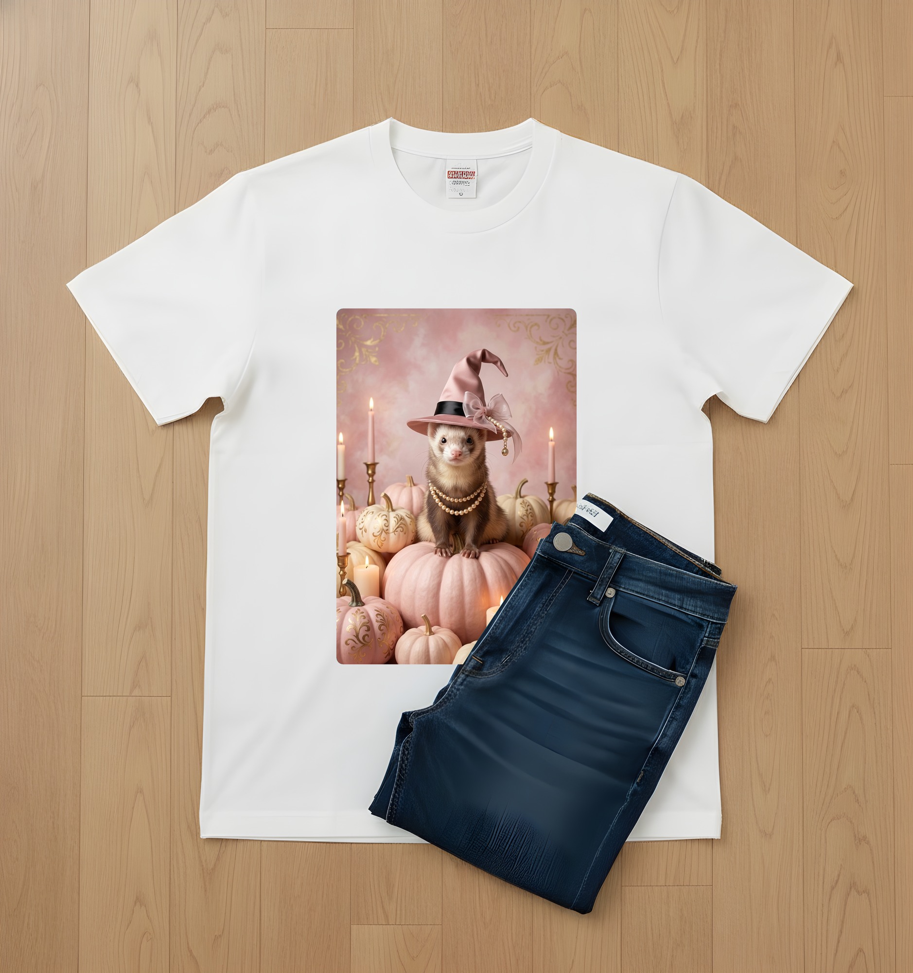 フェレットのかぼちゃとキャンドルの油絵風アートハロウィンTシャツ(ホワイト)(2枚目)