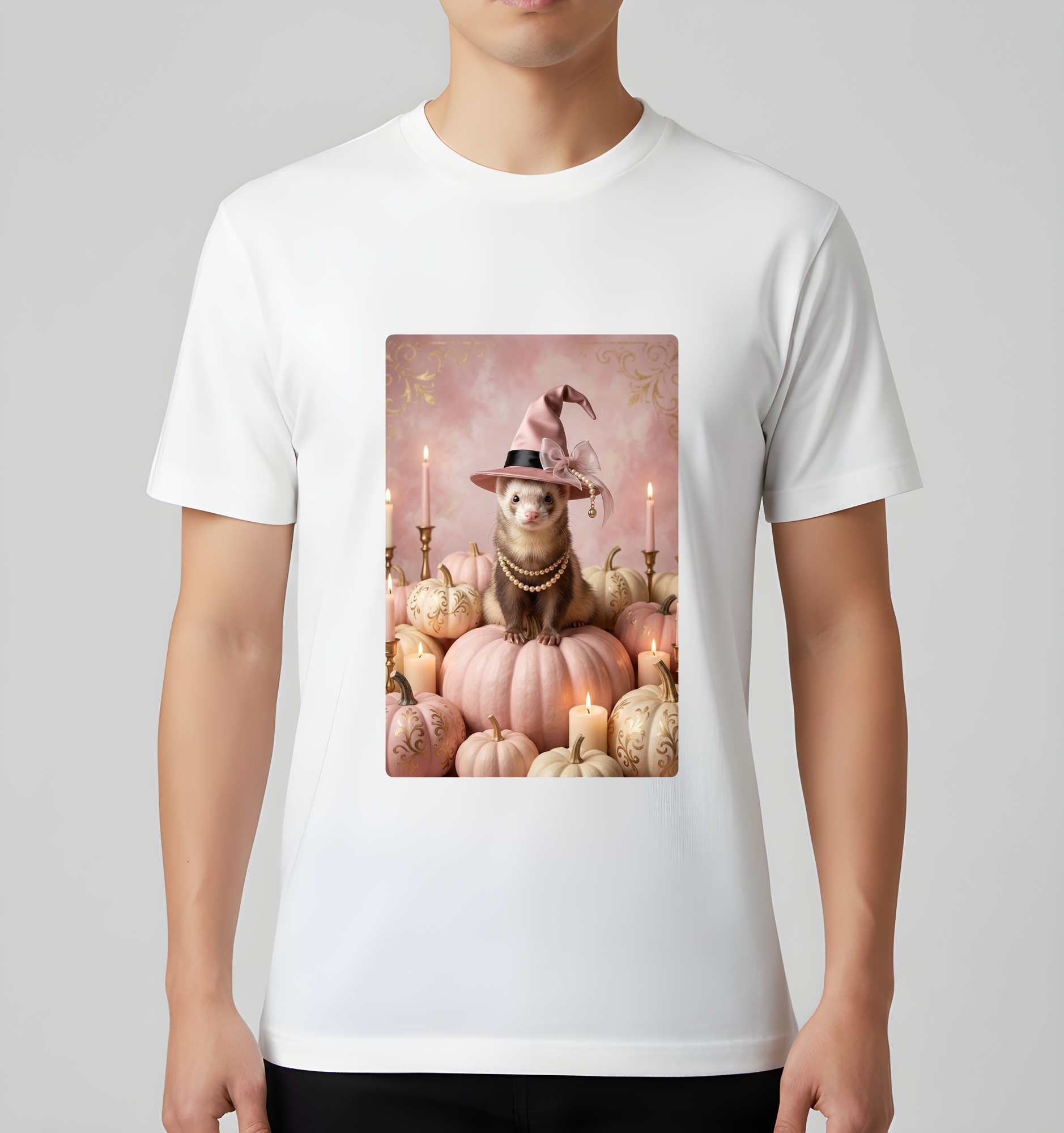フェレットのかぼちゃとキャンドルの油絵風アートハロウィンTシャツ(ホワイト)(3枚目)