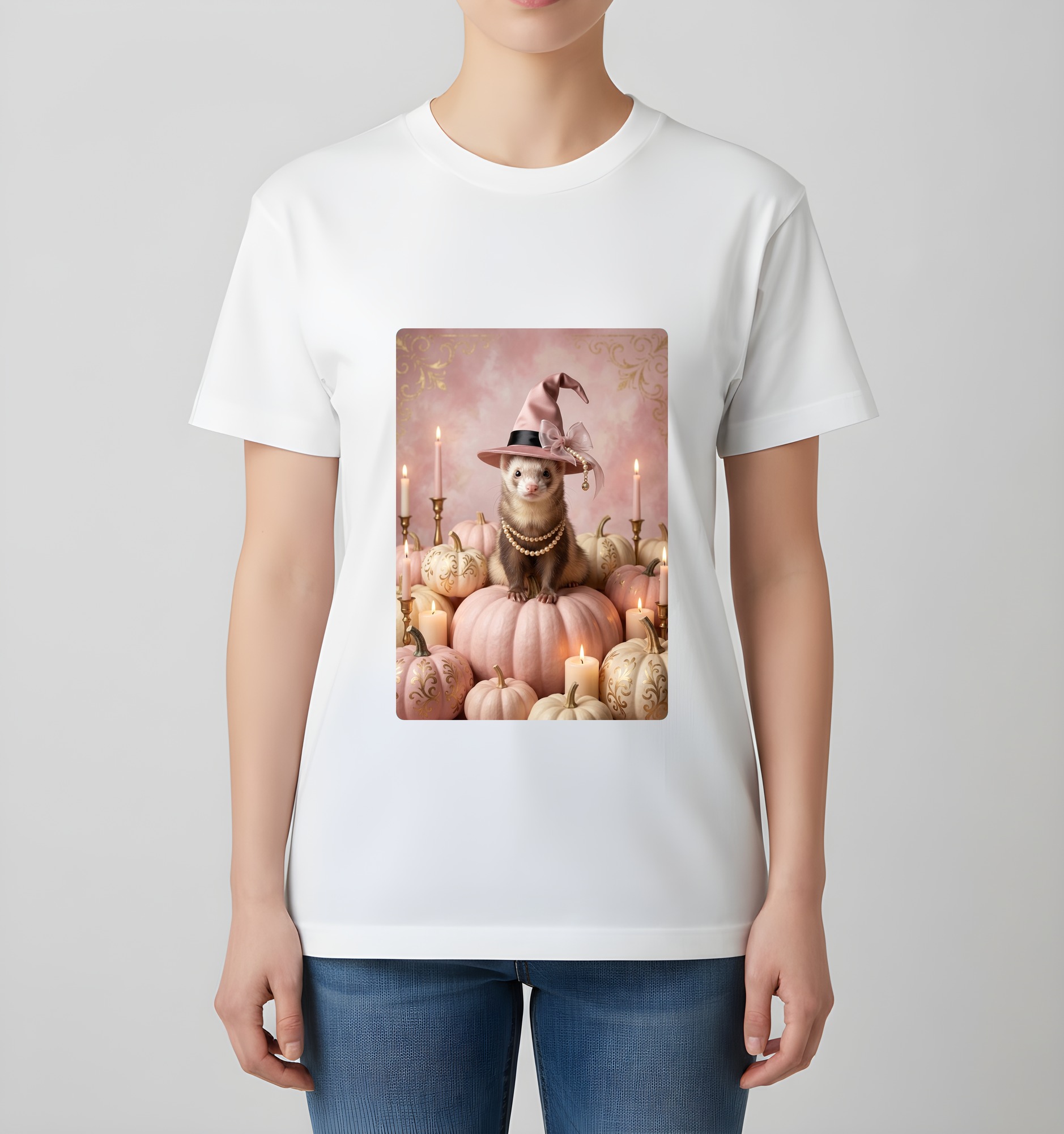 フェレットのかぼちゃとキャンドルの油絵風アートハロウィンTシャツ(ホワイト)(4枚目)