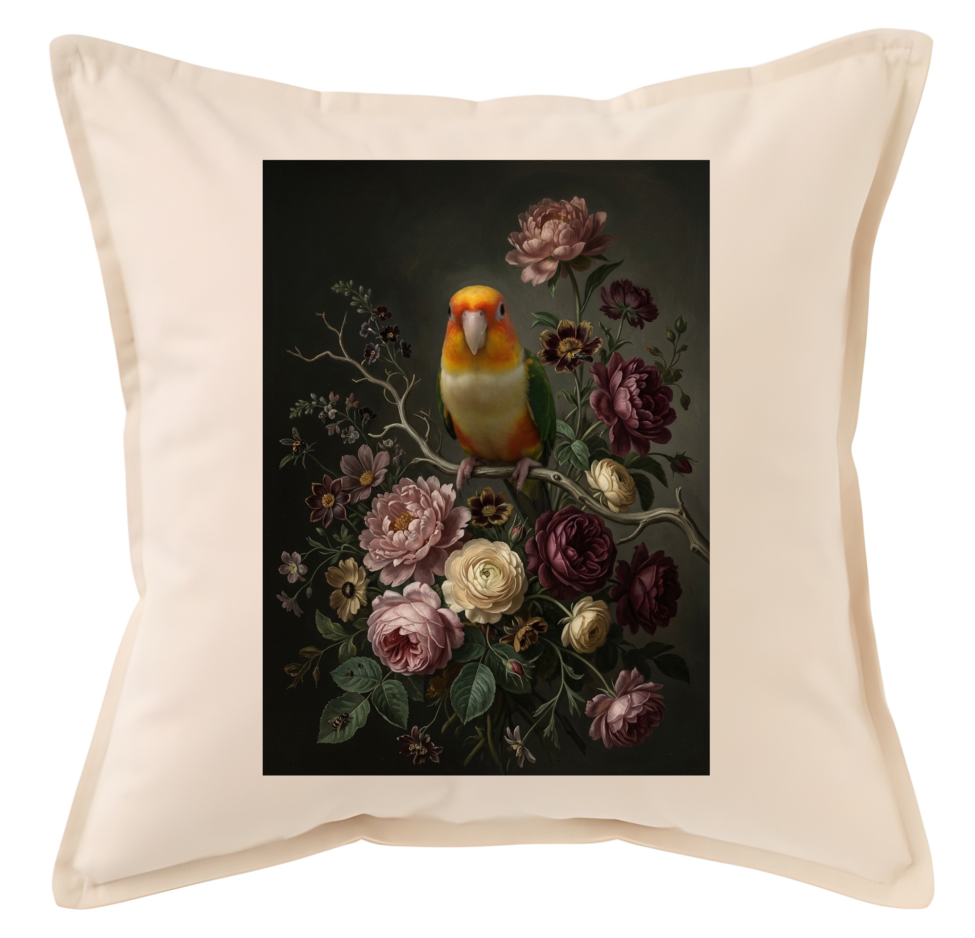 シロハラインコの花の油絵風アート花柄クッション