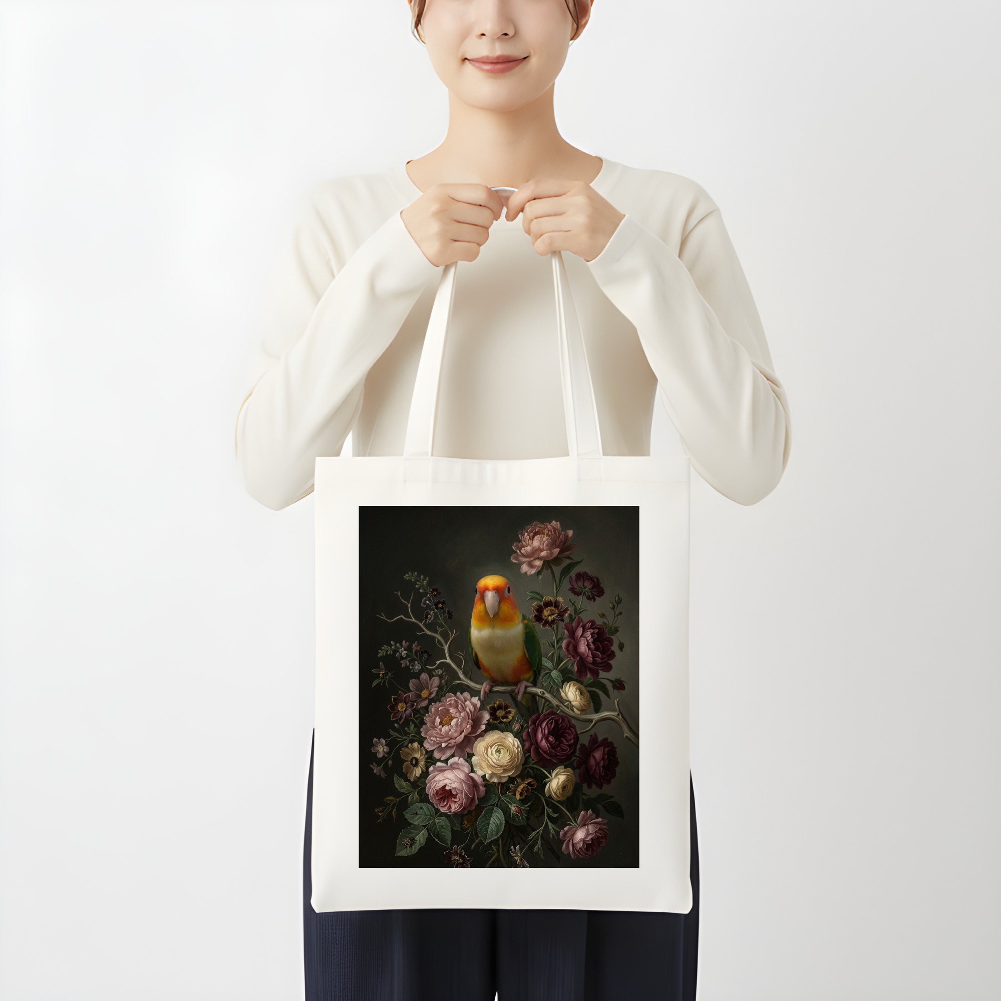 シロハラインコの花の油絵風アート花柄トートバッグ（3枚目）