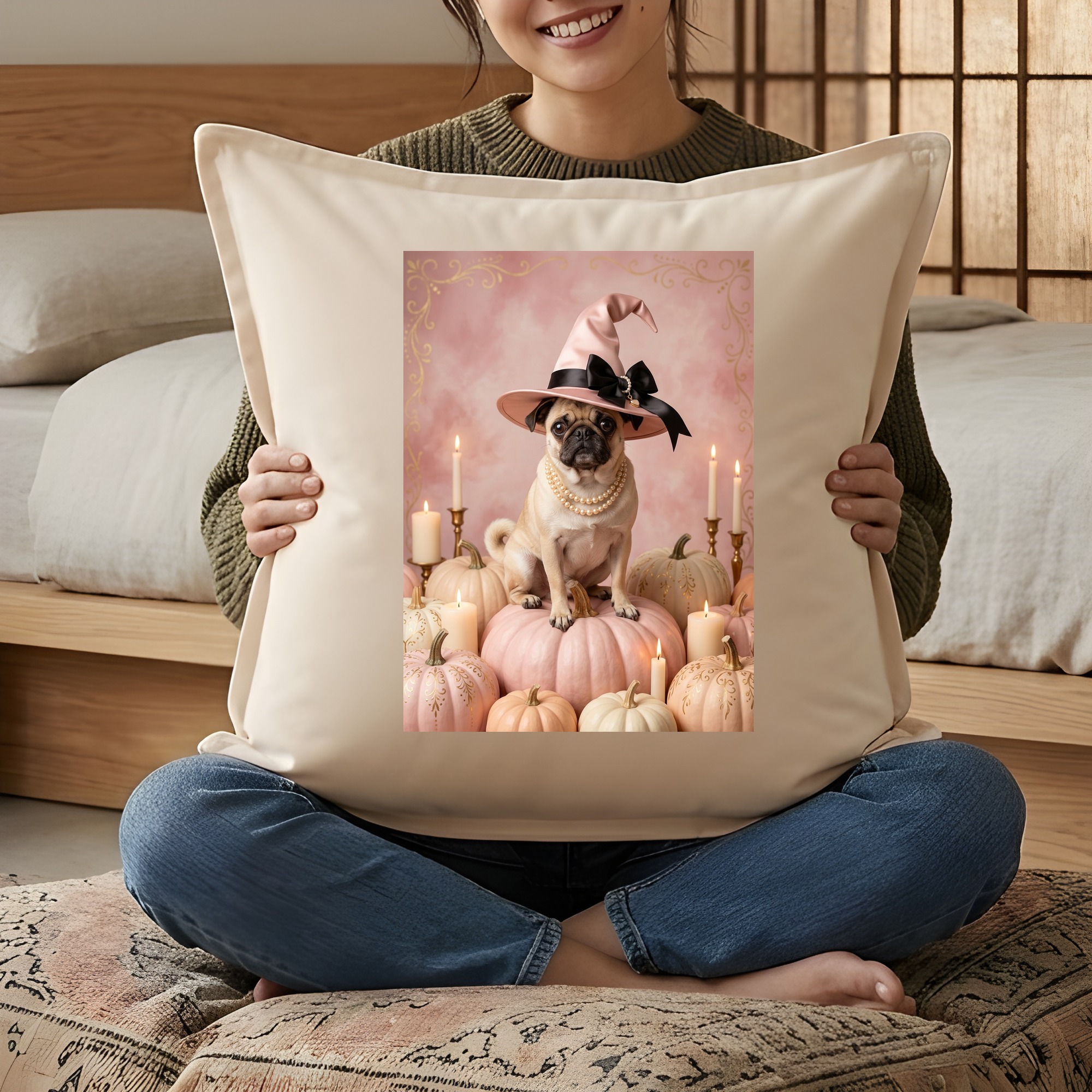 パグのかぼちゃとキャンドルの油絵風アートハロウィンクッション(3枚目)