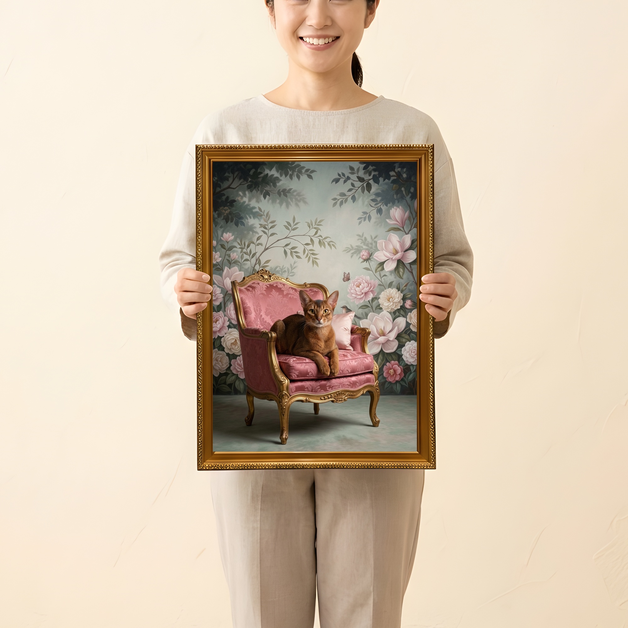 アビシニアンのシャビーピンクの油絵風アートロココ調額装プリント(A3サイズ)(2枚目)