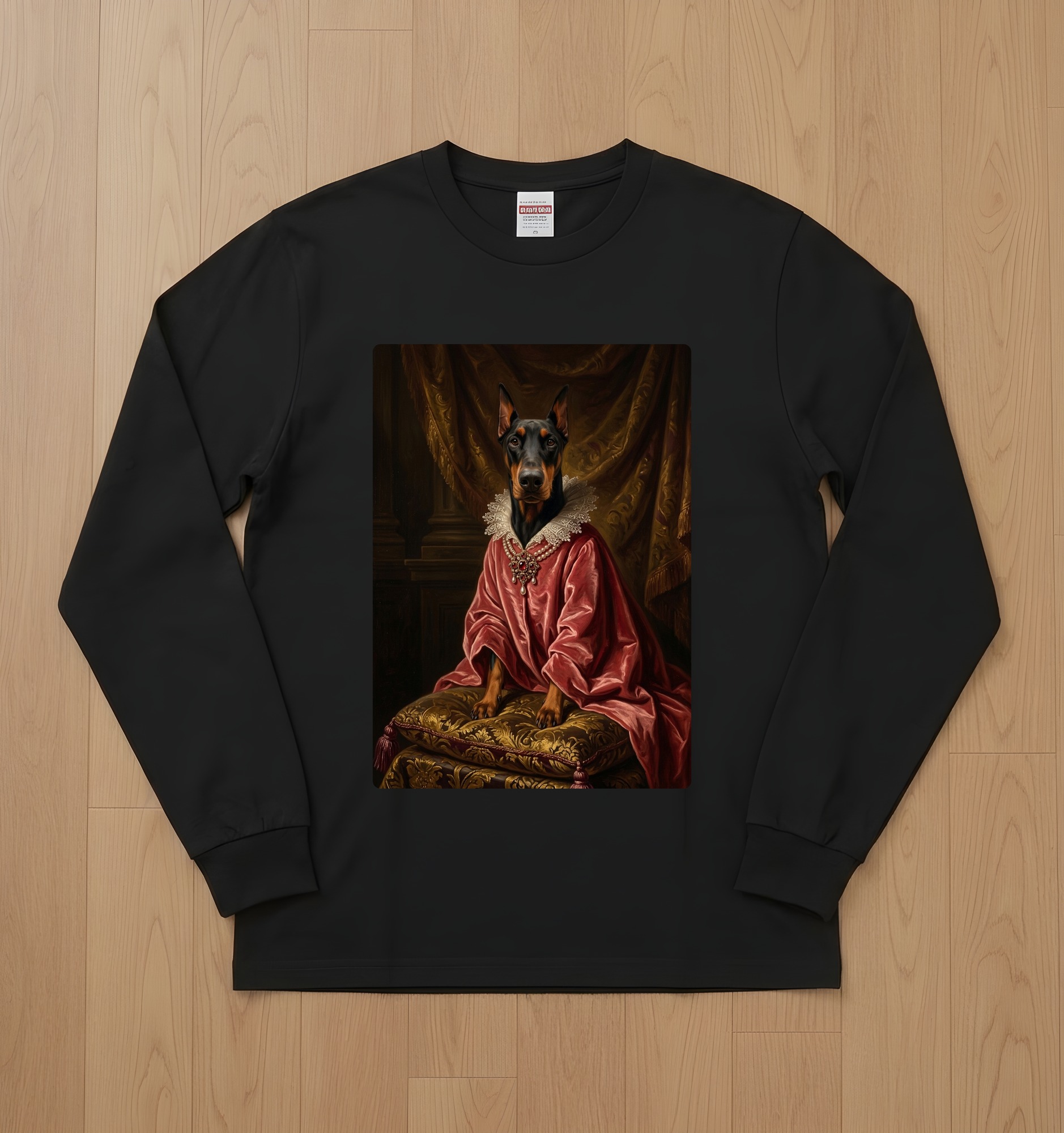 ドーベルマンのルネサンス肖像画長袖Tシャツ(ブラック)