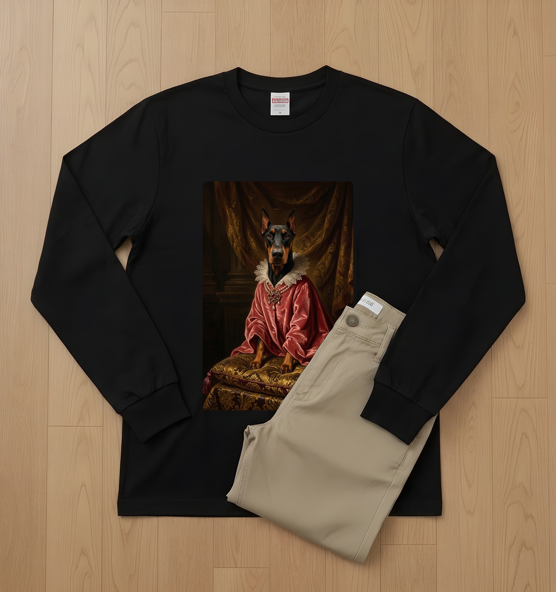 ドーベルマンのルネサンス肖像画長袖Tシャツ(ブラック)(2枚目)